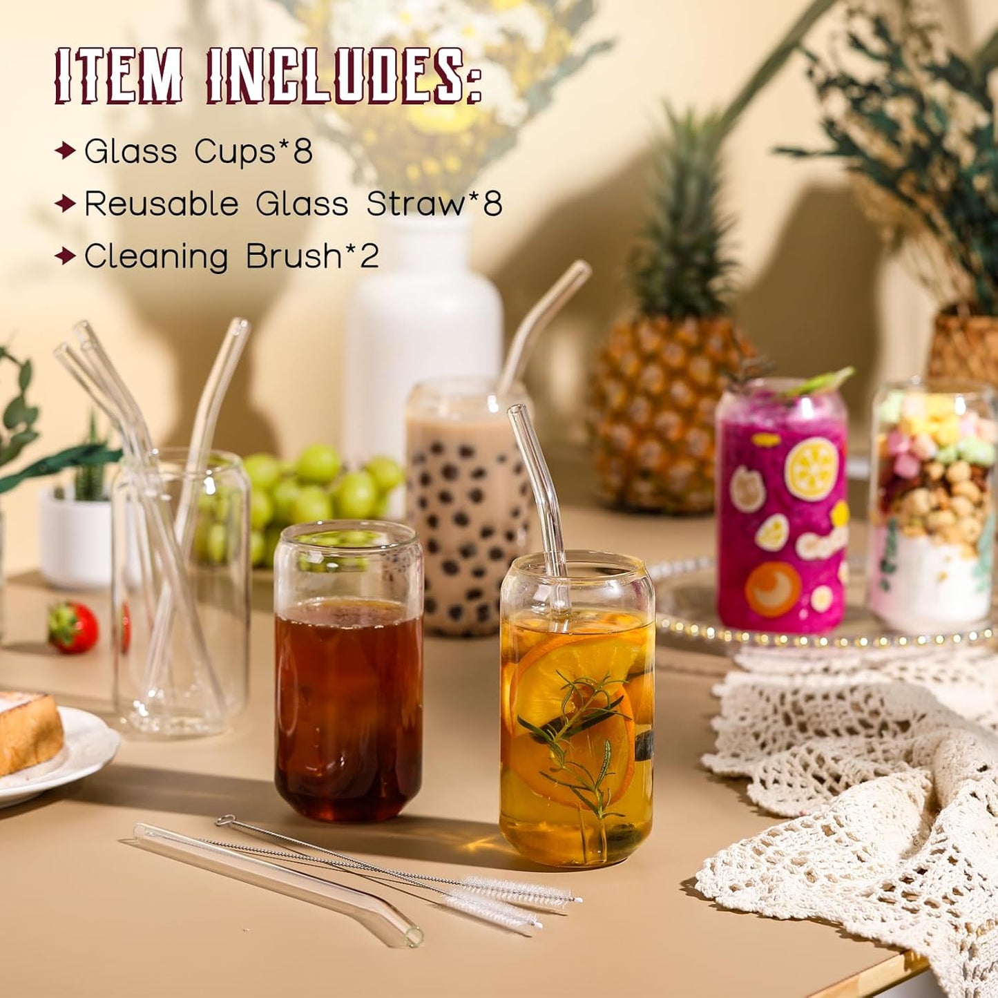 NETANY [ 8pcs Set ] Drinking Glasses with Glass Straw - 16oz Glass Cups, Beer Glasses, Iced Coffee Glasses, Cute Tumbler Cup, Ideal for Whiskey, Soda, Tea, Water, Gift - 2 Cleaning Brushes