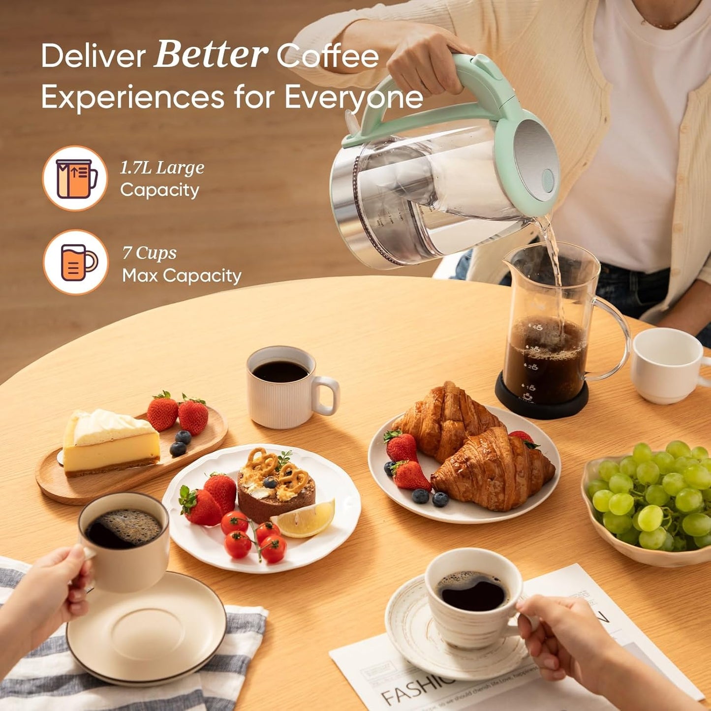 Cosori Electric Kettle, No Plastic Filter & Spout, Tea Kettle & Hot Water Boiler For Coffee & Tea, Water Heater & Teapot, Automatic Shut Off, Borosilicate glass, Green, 1.7L/1500W