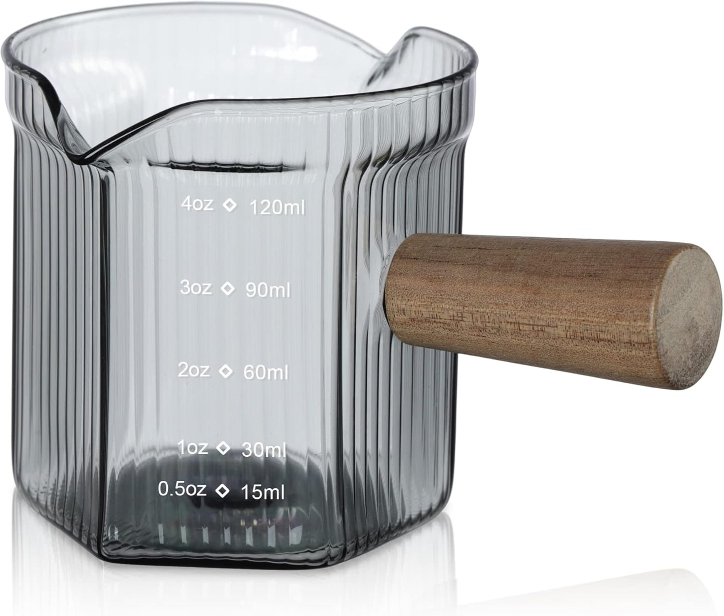 Joeyan 4 oz Grey Double Spouts Measuring Triple Pitcher Milk Cup with Wood Handle,Ribbed High Borosilicate Glass Measuring Cup, Espresso Shot Glasses