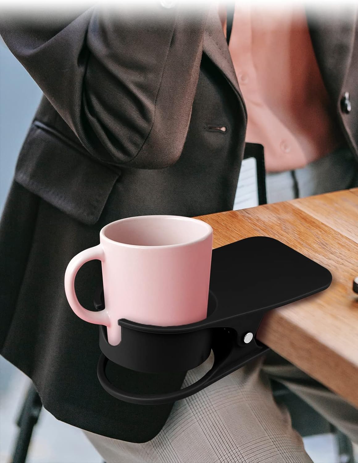 Kalolary New Drinking Cup Holder Clip with Groove Table Bottle Cup Stand DIY Glass Cup Clamp Storage Saucer Clip Water Coffee Mug Holder Saucer Clip for Home Desk, Black