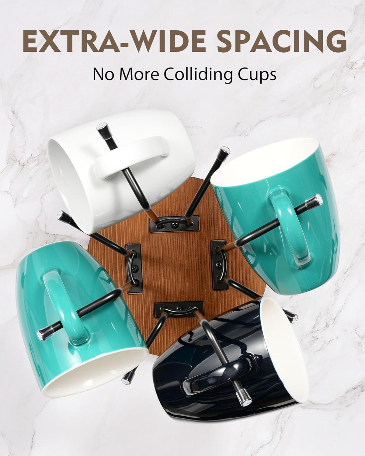 HULISEN 360° Rotating Mug Tree for Large Cups, Counter Coffee Mug Holder with 8 Hooks, Metal Coffee Cup Rack Stand for Countertop with Stable Wooden Base, Kitchen Counter Decor