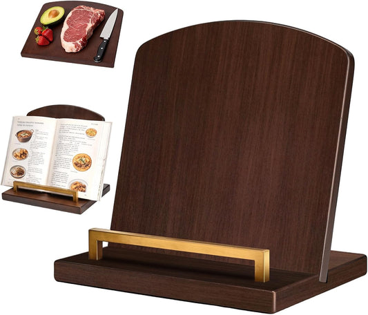 Beautiful Cookbook Stand with Removable Cutting Board,2 in 1 Bamboo Recipe Book Holder,Charcuterie Board & Kitchen Serving Tray,Durable Cook Book Holder Stand Easily Keeps Cook or Recipe Books Open