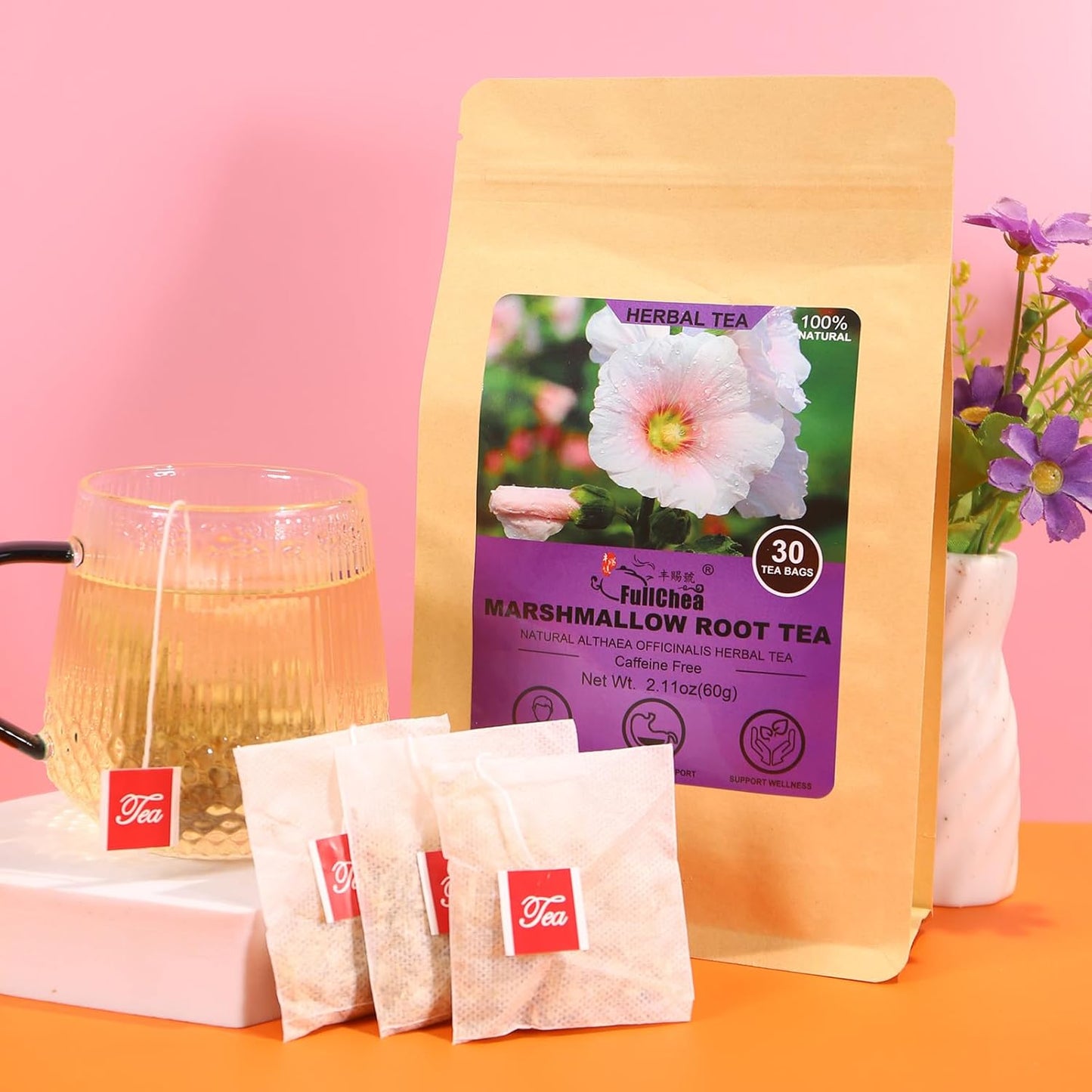 FullChea - Marshmallow Root Tea, 2g X 30 Count - Premium Natural Dried Cut & Sifted Althaea Officinalis - Non-GMO - Caffeine-free - Respiratory Support & Promote Digestion