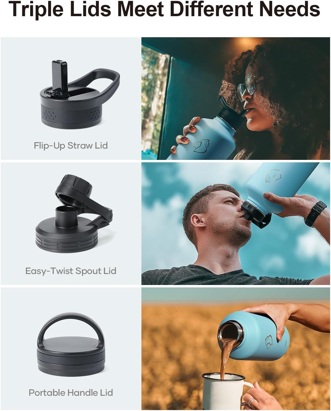 BUZIO 64 oz Water Bottle Insulated with Straw & 3 lid and Carrying Pouch, Leak Proof Half Gallon Stainless Steel Water Flask Jug, Cold for 48 Hrs Double Vacuum Thermo Canteen, BPA-Free, Blue