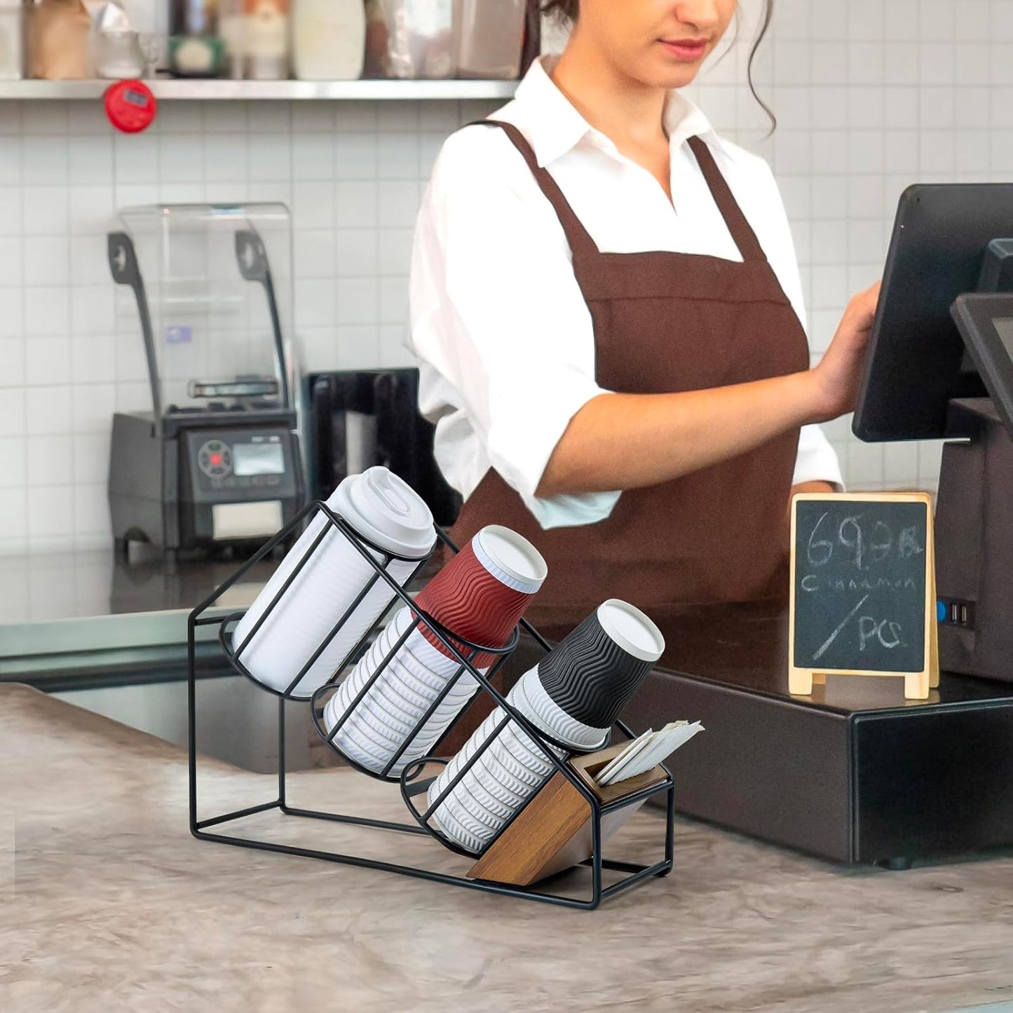 MyGift Industrial Matte Black Metal Wire & Acacia Wood Countertop Disposable Coffee Cup Organizer – Holder Rack for Cups, Lids, Straws, and Stirrers