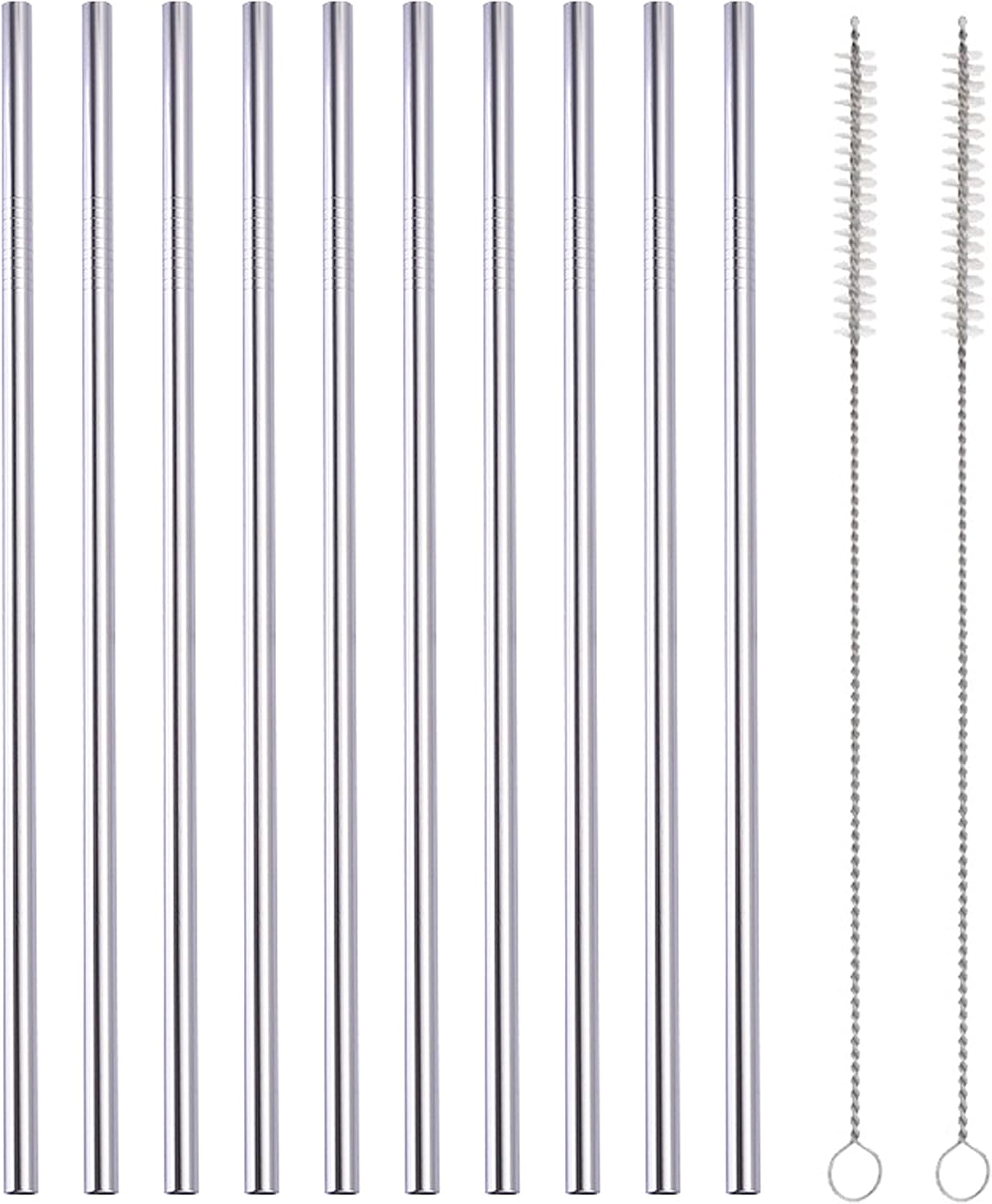 10 Pcs Stainless Steel Straws, Reusable Drinking Straws, Straight Metal Straw Sets with 2 Pcs Cleaning Brushes (10.5 Inch, Silver)
