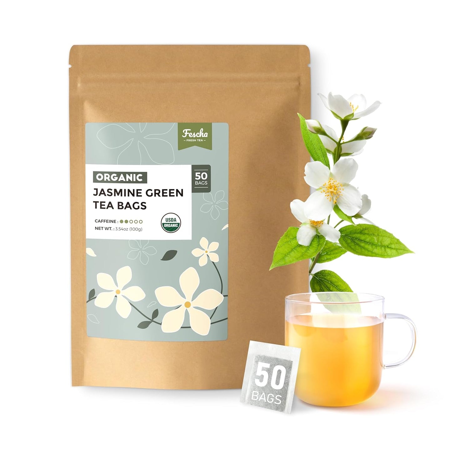 Fescha Organic Jasmine Green Tea Bags, Flower-scented Tea (50-count), Eco-Conscious Tea Bags, Packed by Resealable Kraft Bag