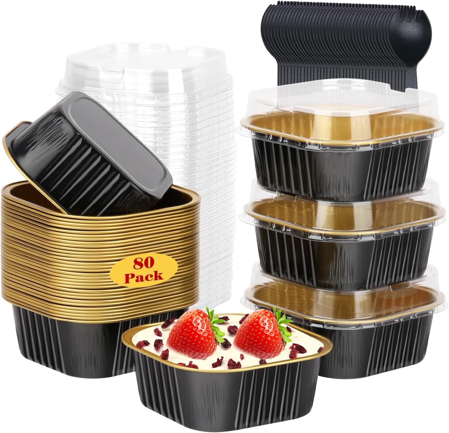 10oz/80pack Mini Cake Pans with Lids,LNYZQUS Small Foil Baking Tins Brownie Baking Cups,4”x4” Disposable Ramekins Jumbo Cupcake Muffin Pan Mini Aluminum Containers Holders-Black