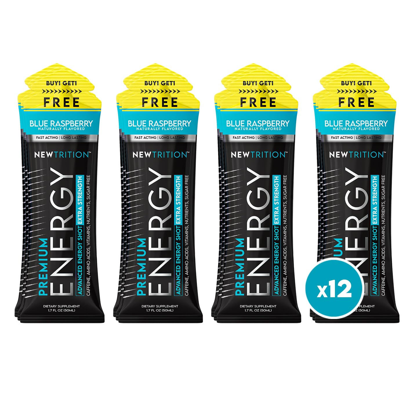 NewTrition® Extra Strength Energy Shots, 250mg Caffeine Energy Shots with Vitamin B & Amino Acids, Sugar-Free Vitamin Energy Shot, 1.7 fl oz (Pack of 12, Blue Raspberry)