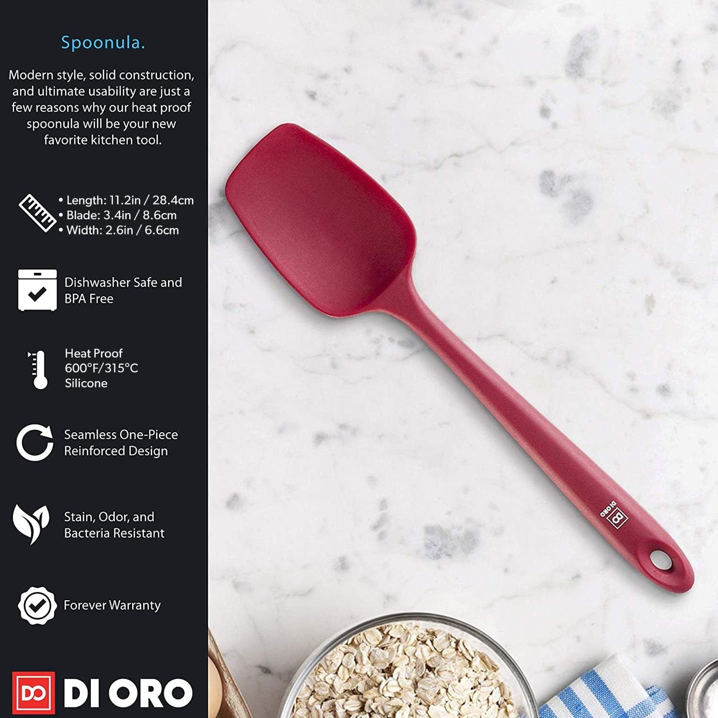 DI ORO Silicone Spoon Spatula - 600°F Heat-Resistant Large Silicone Spoonula Scraper - BPA Free Nonstick Cookware Safe Rubber Kitchen Utensil for Baking, Cooking, & Mixing - Dishwasher Safe (Red)