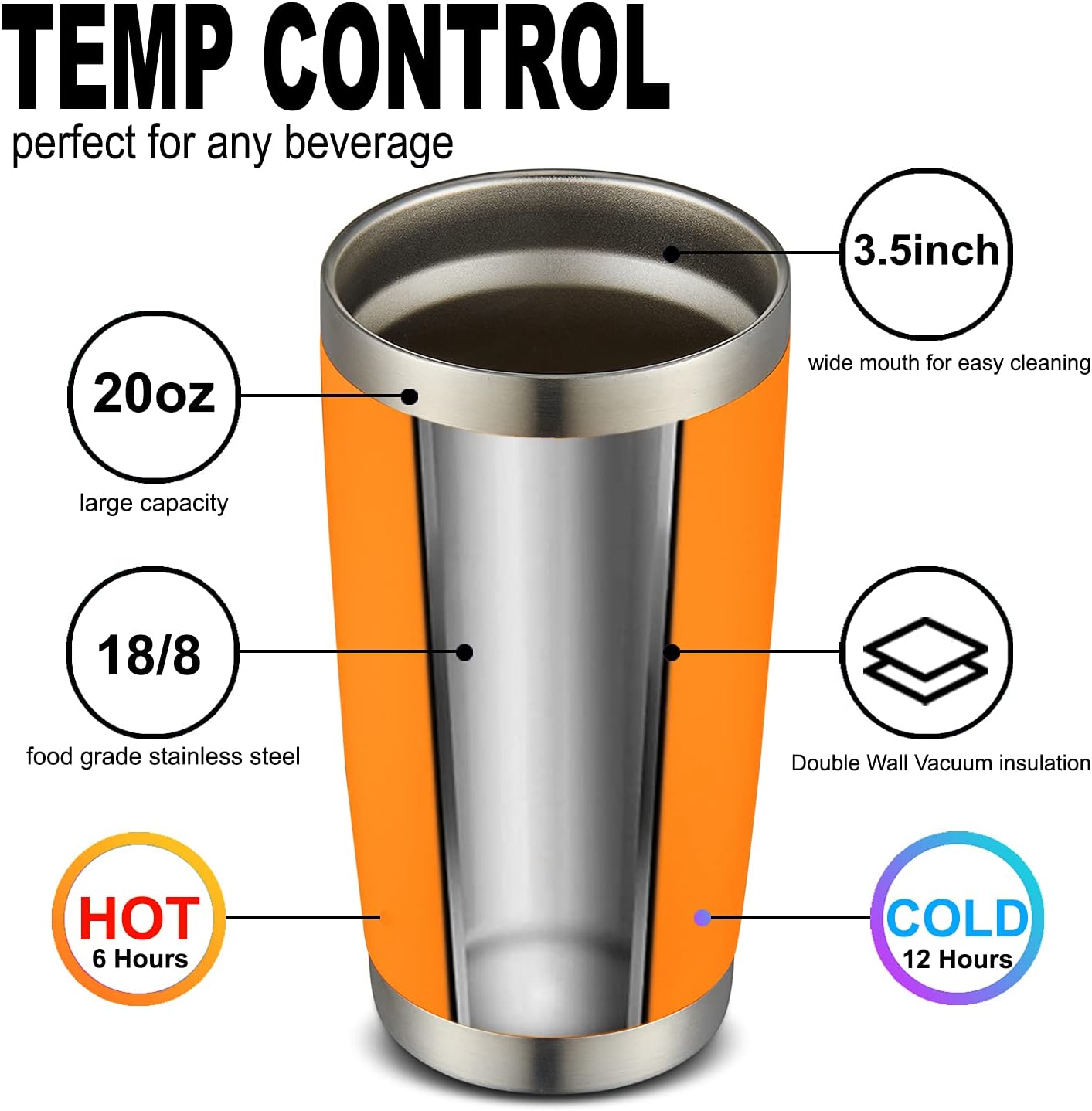 COMOOO 20oz Tumbler Bulk Double Wall Vacuum Insulated Travel Mug, Stainless Steel Tumbler with Lid and Straw Durable Powder Coated Insulated Coffee Cup for Cold & Hot Drinks (Orange, 2 pack
