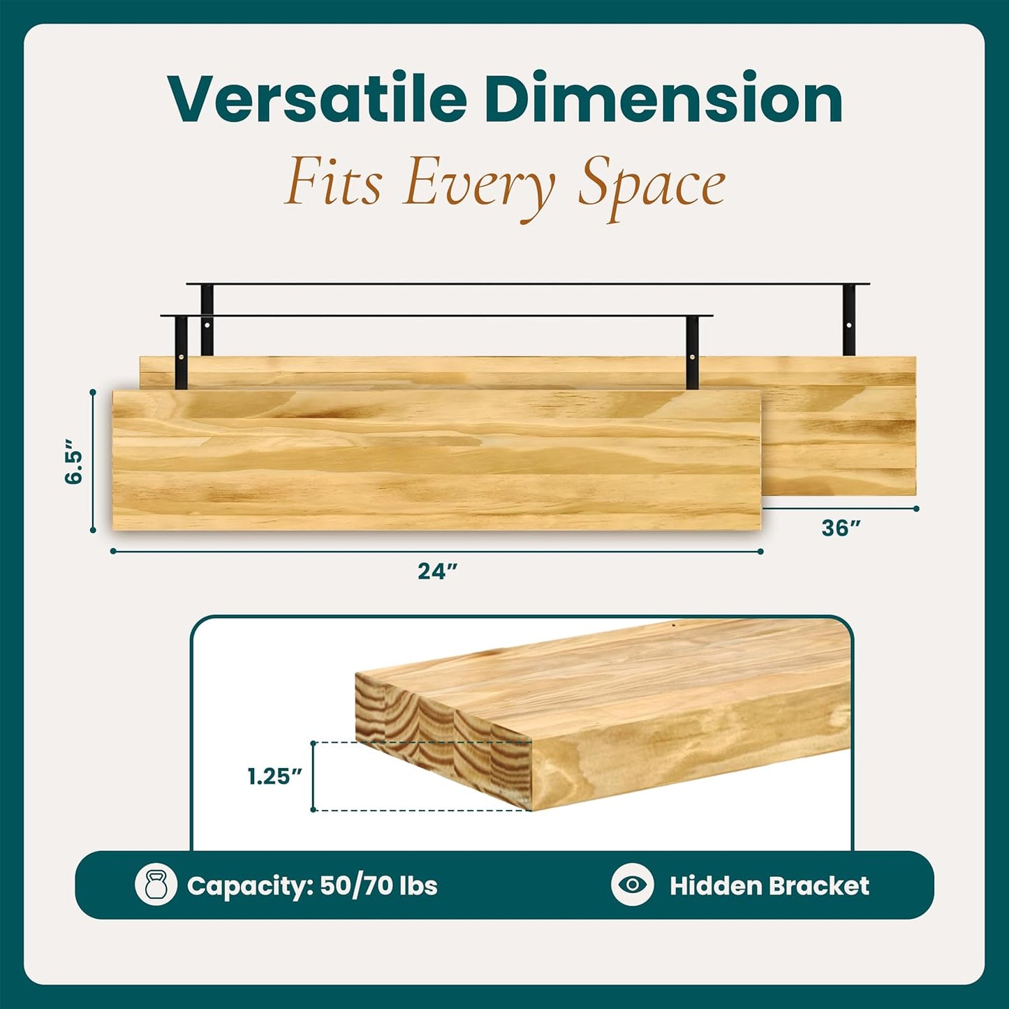 24'' Pine Wood Floating Shelves for Wall- Set of 2 - Rustic Wall Mounted Wooden Shelf for Stylish Home Décor - Natural Color - 24x6.5x1.25 Inches, 2pcs