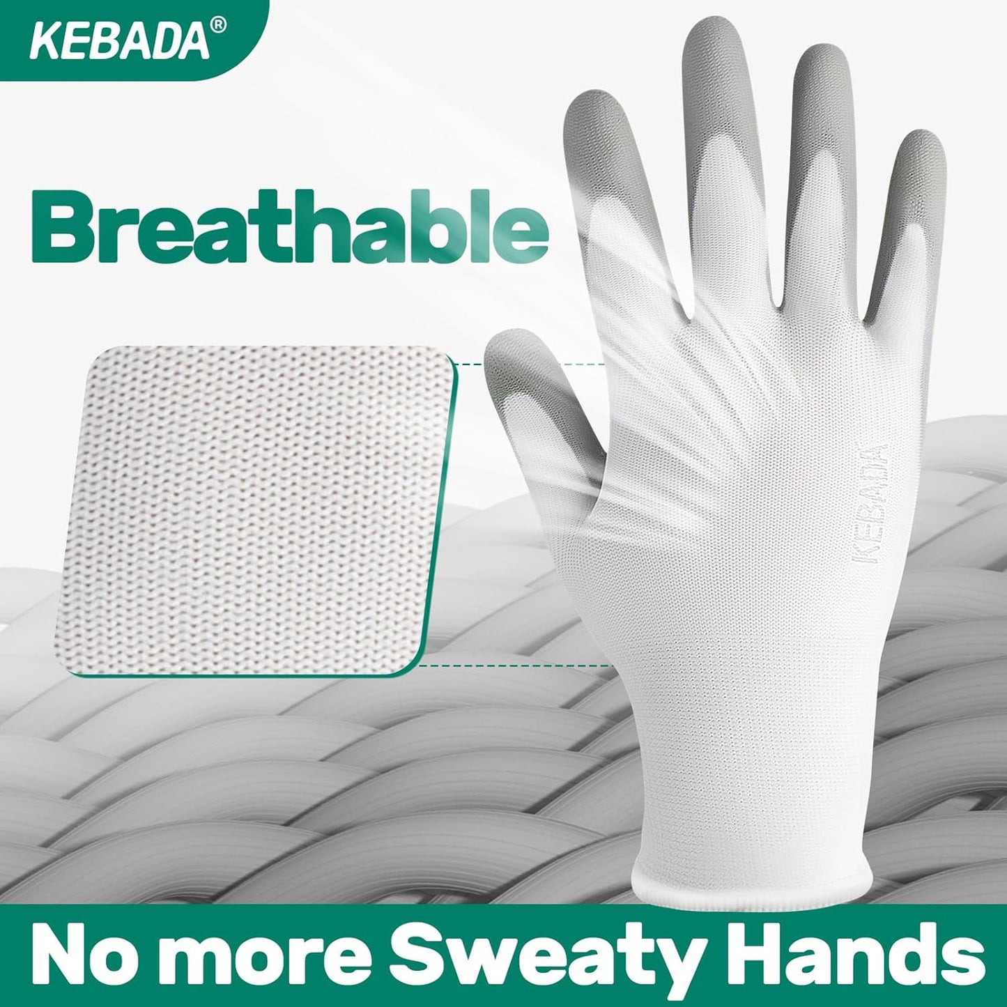 Kebada W1 Work Gloves for Men and Women, 12 Pairs Touchscreen Safety Gloves with Grip, PU-Coated, Ideal for Light & Medium Duty Tasks, White, Large