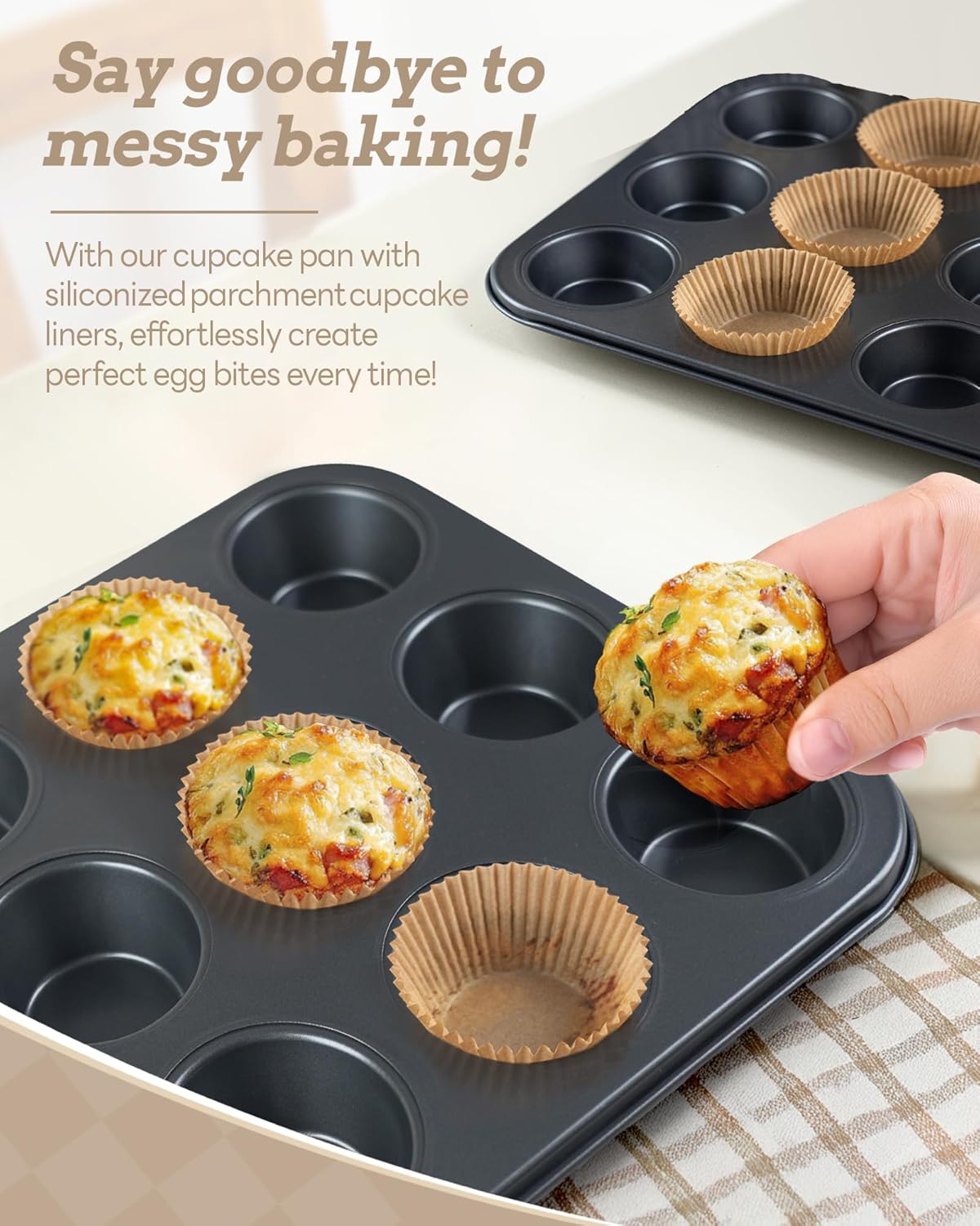 2 Pack Muffin Pan for Baking, Standard Cupcake Pan includes 100 Natural Cupcake Liners, Muffin Tin Nonstick 12 Cup, Baking Pans Set, Carbon Steel Baking Supplies