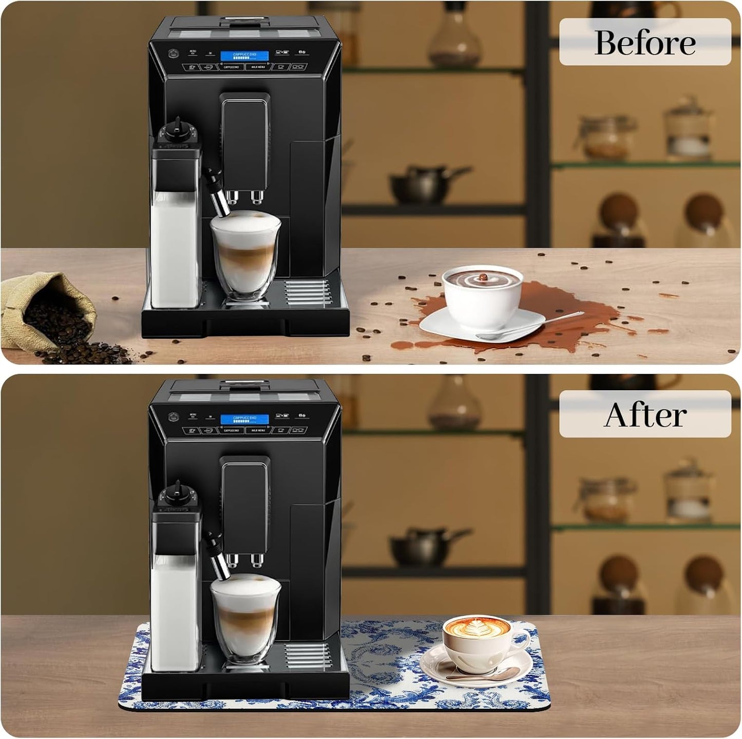 Bloss Dish Drying Mat, 12.2"x19.7" Absorbent Coffee Bar Mat with Waterproof Rubber Back, Fit Under Coffee Maker Machine/Kitchen Counter(Ink Cyan Flower)