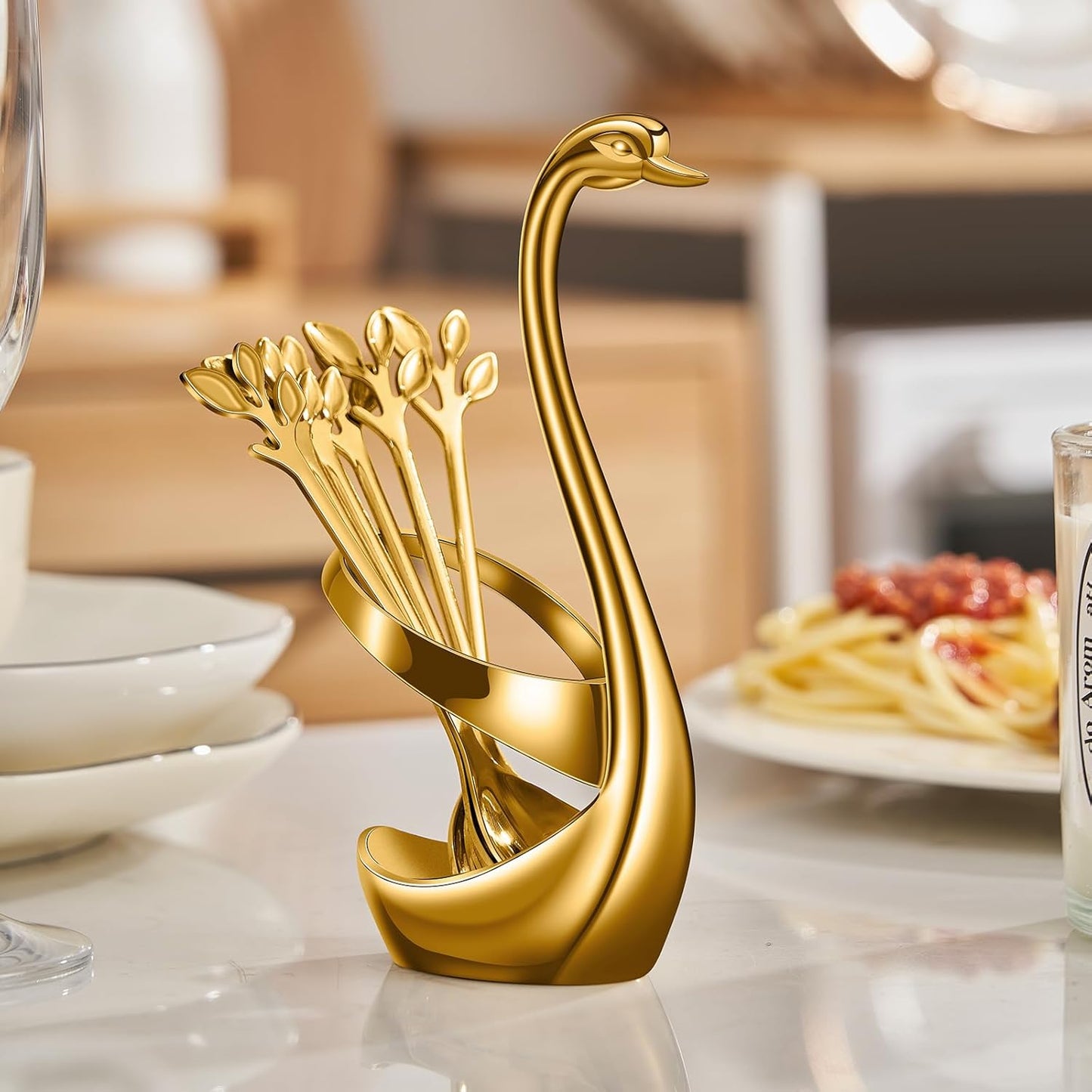 AnSaw Gold Small Coffee Spoon Holder Set,Swan Base With 10 Pcs Demitasse Espresso Spoons Set,4.7" Mini Leaf Dessert Spoon,Stainless Steel Tea Spoons