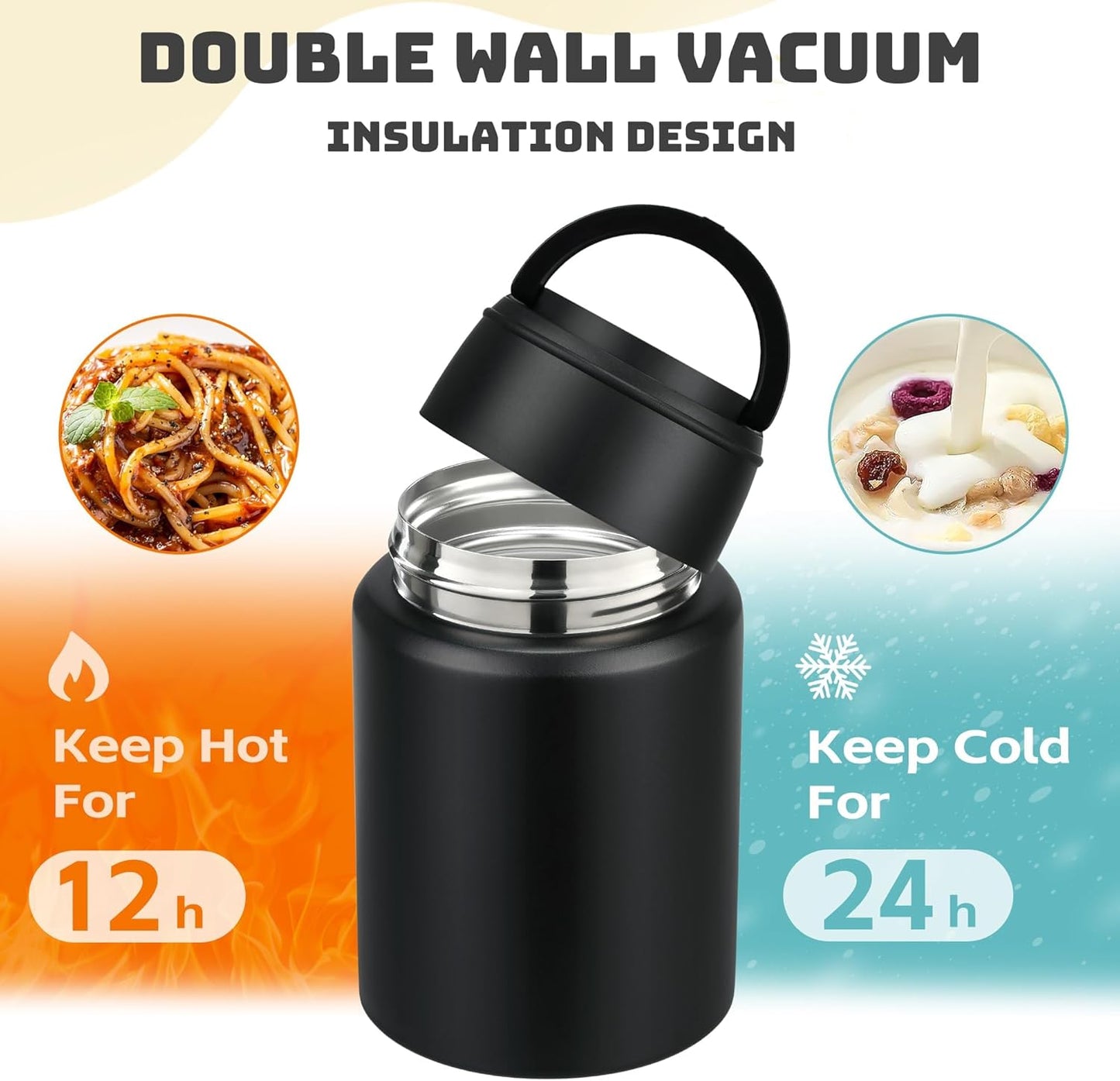 Soup Thermo for Hot Food Kids 16oz Insulated Food Jar Leakproof Thermo Lunch Container for Kids Wide-Mouth Stainless Steel Lunch Box for School with Handle Folding Spoon(3+)