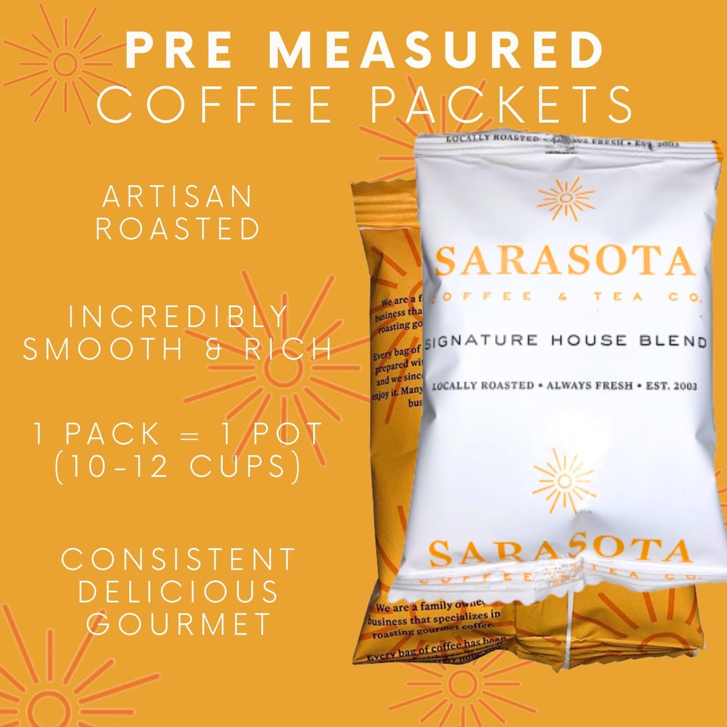 Sarasota Coffee Ground Packets | Gourmet Medium Roast Bulk Coffee Packs | Breakfast Blend | Low Acid Mold Free Singles Individual Pouches for 12 Cup | 1.75 Ounce Bags, 100 Count