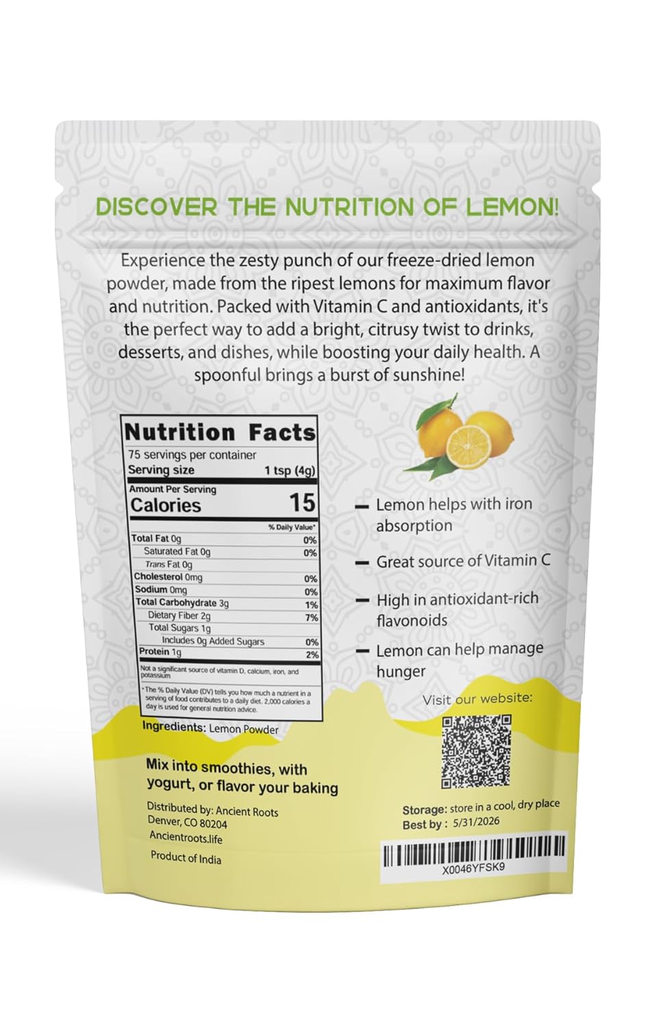 Ancient Roots Lemon Powder - Freeze-Dried, All-natural, No Sugar Added, Pure Citrus Fruit Powder, Natural Electrolyte, Good for Lemonades and Cocktails, Resealable Pouch - 10.5 ounces (75 servings)