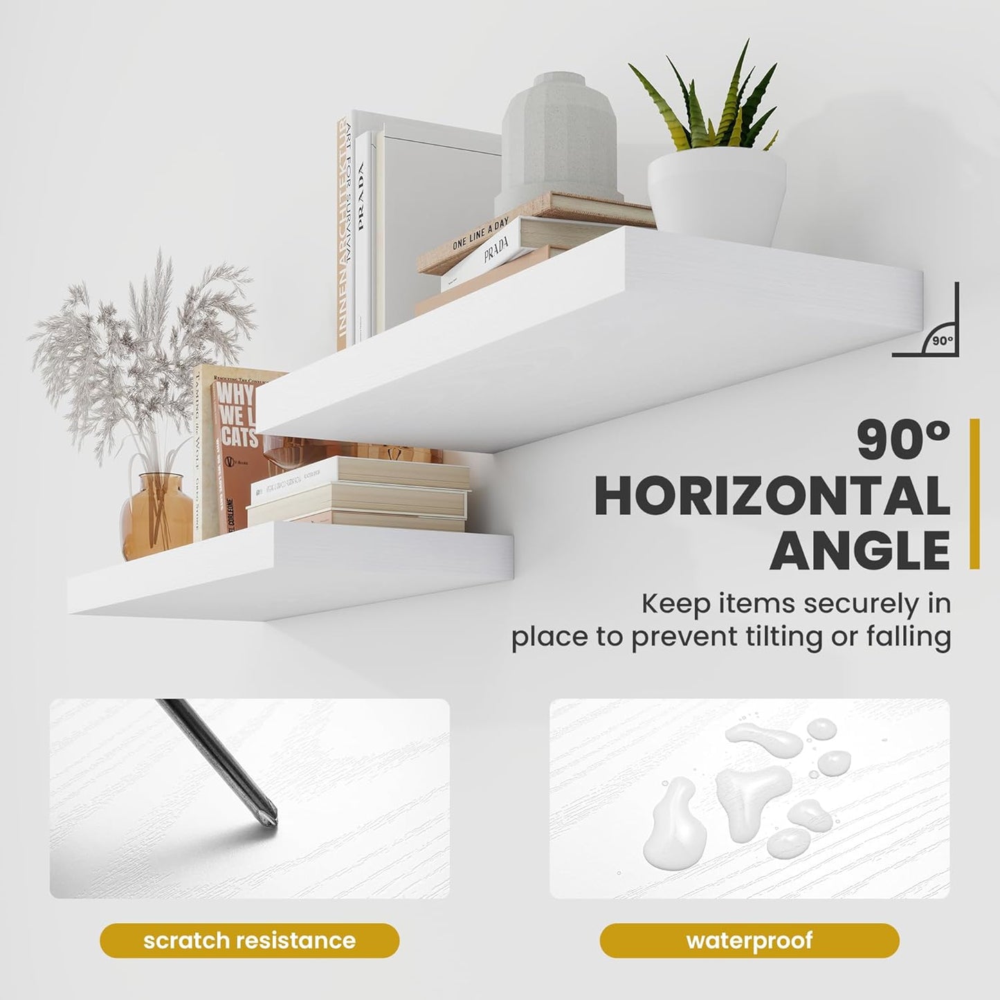 36 Inch Floating Shelves, 9.3" Deep Floating Shelf Wall Mounted, 36" Wall Shelves, Rustic Deep Bookshelf, Large Display Shelves & Storage Shelves for Bedroom, Living Room, White, Set of 2