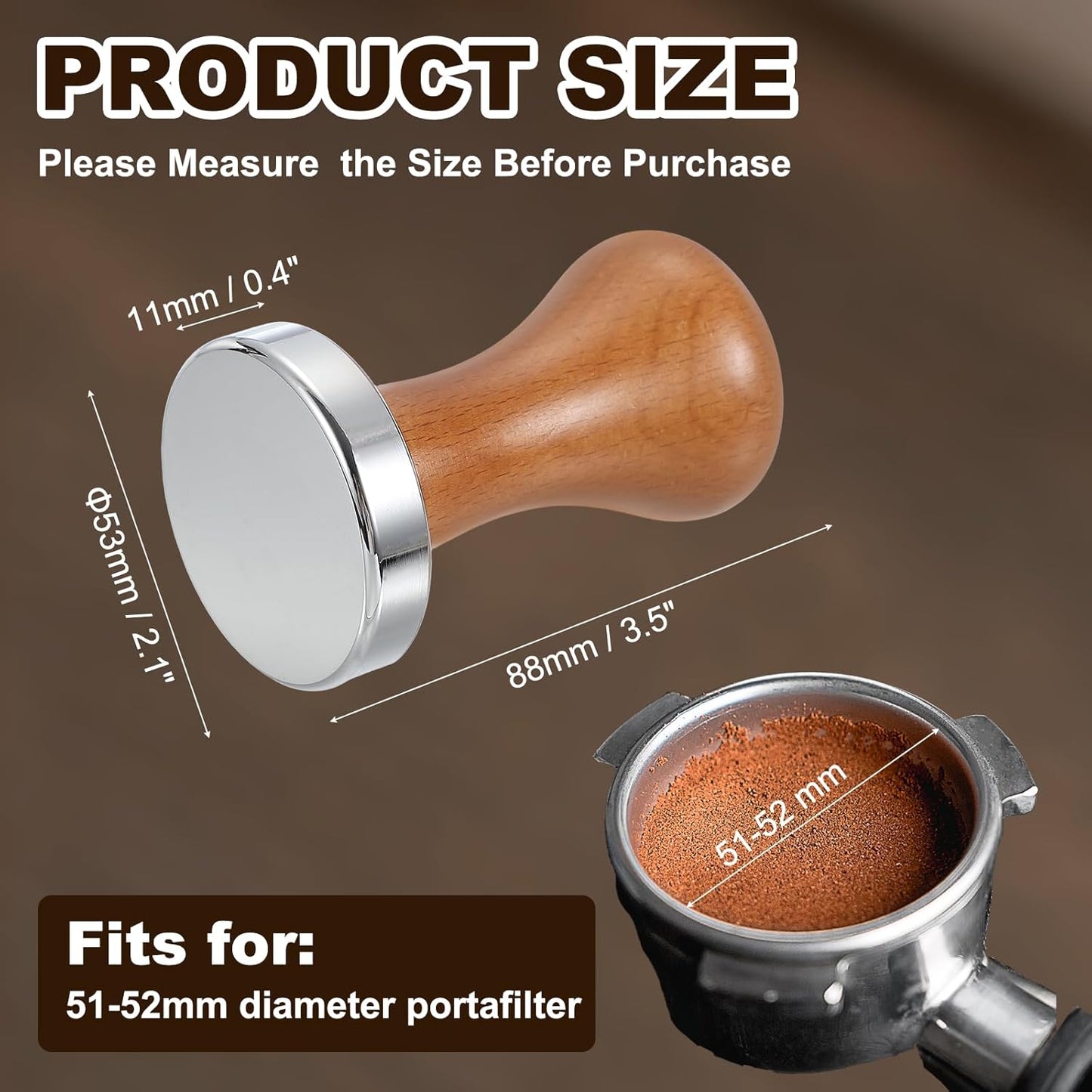 uxcell 53mm Coffee Tamper, Stainless Steel Espresso Press Tamper, Espresso Tamper with Wooden Handle Suitable for Coffee Shop, Restaurant Bar, Bakery (Dark Brown)