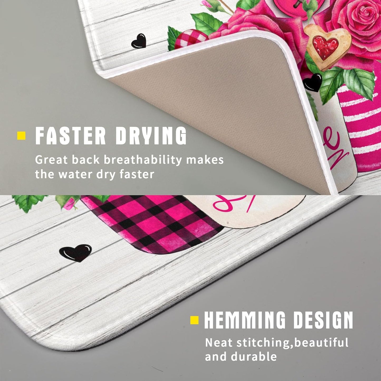 Valentine's Day Rose Flower Dish Drying Mat for Kitchen Counter,Mason Jar Pink Love Heart Drying Mat 16 x 18 Inch with High Absorbent Microfiber Drainer Mat for Coffee Bar