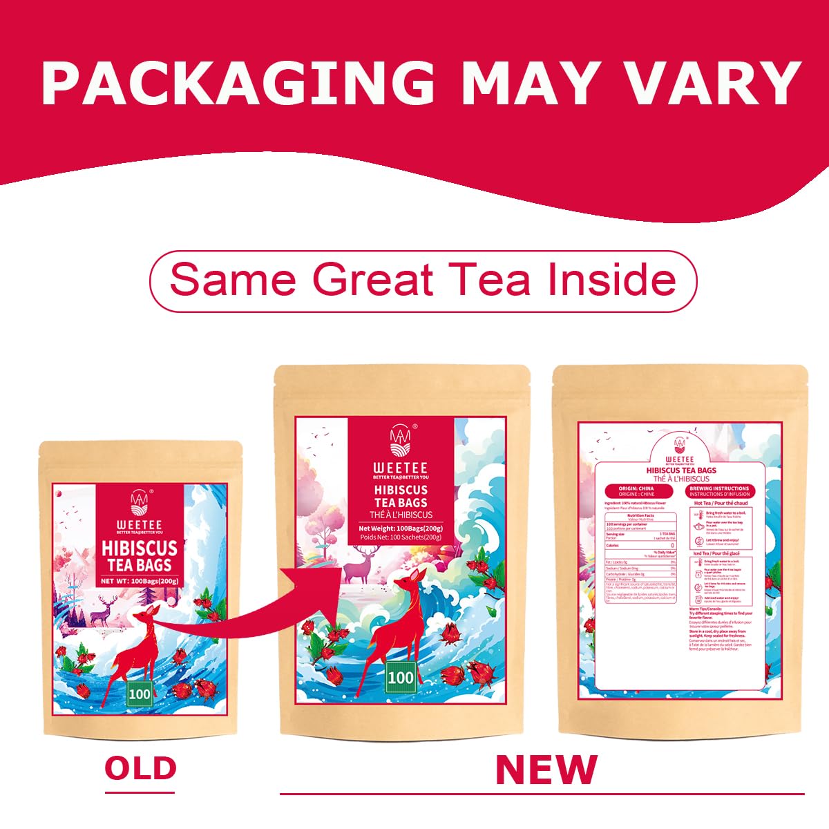 WT WEETEE Hibiscus Tea Bags, Made with 100% Pure Hibiscus Flowers, Natural Caffeine-free Herbal Tea, Tangy & Refreshing, Brew Hot or Iced