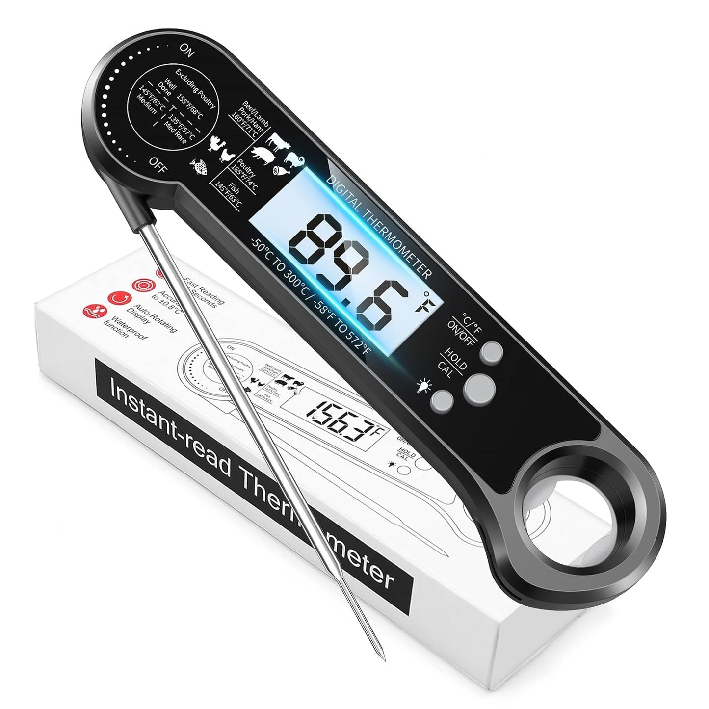 Digital Meat Thermometer, Instant Read Food Thermometer with Backlight & Hold Function，Magnetic, LCD Display, 180° Foldable, Kitchen Appliances Essentials for BBQ，Gifts for Men Him Dad Birthday