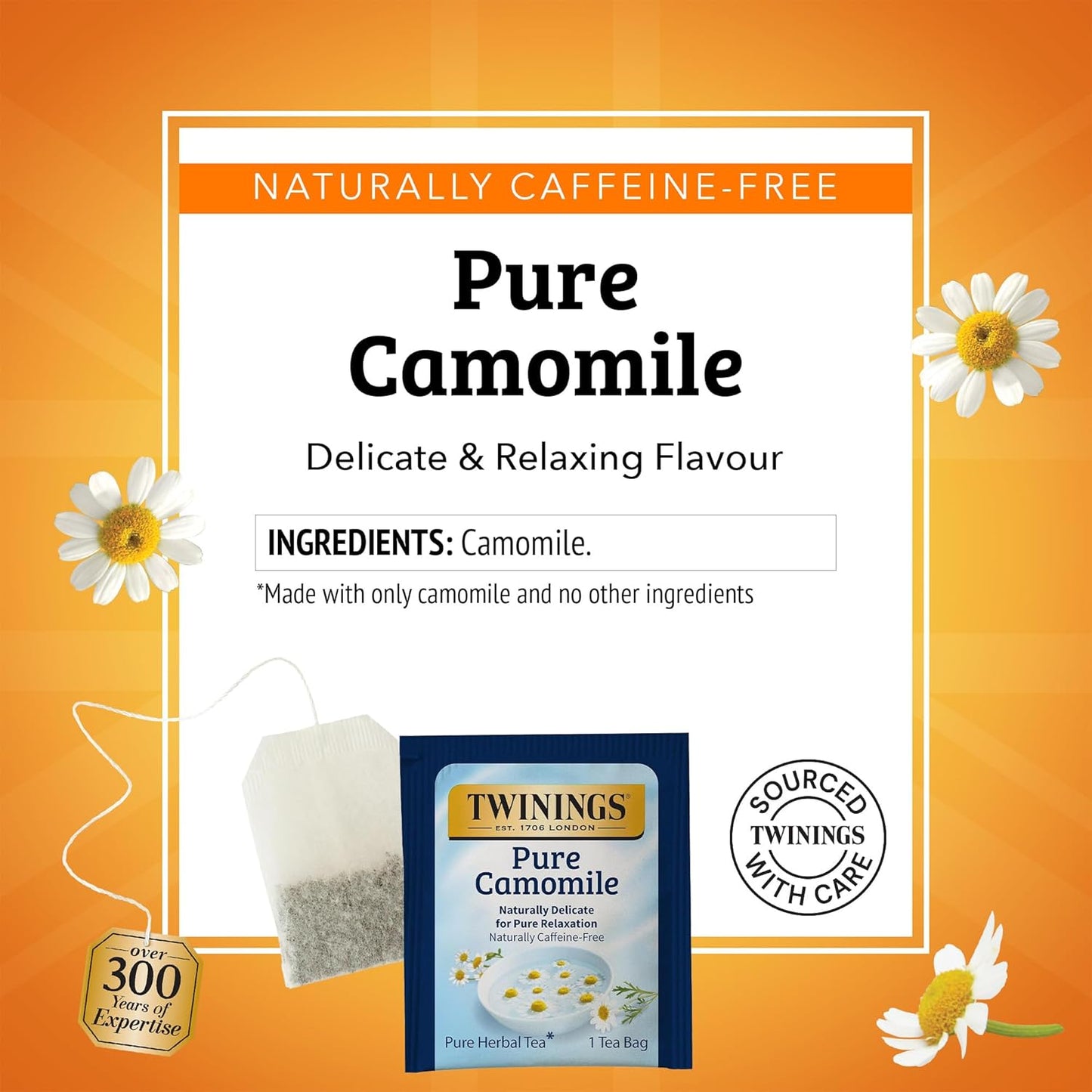 Twinings Pure Camomile Herbal Tea Individually Wrapped Bags, Calming & Delicate, 20 Count (Pack of 6), Naturally Caffeine-Free, Enjoy Hot or Iced, 120 Teabags
