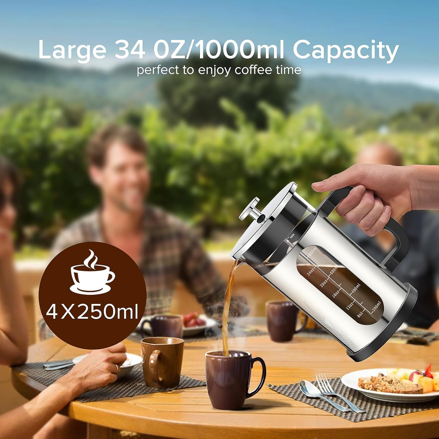 French Press Coffee Maker, 304 Stainless Steel Cold Brew Coffee Maker with 4 Filter, Heat Resistant Borosilicate Glass, Easy to Clean, BPA Free Iced Coffee Maker Rust-Free Coffee Press, 34ounce,Silver