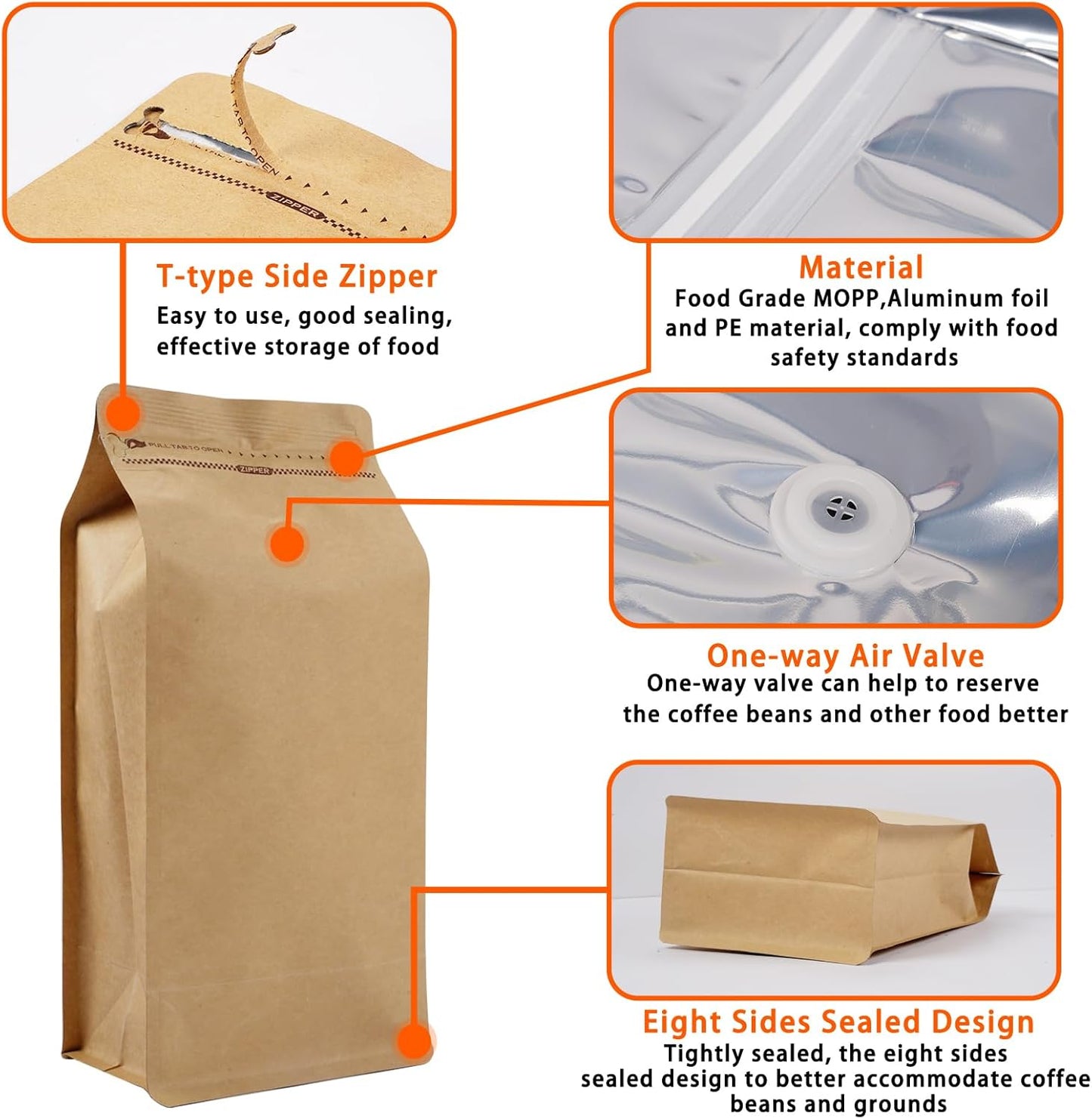 Coffee Bags with Valve (50 PCS,8oz/0.5lb) Kraft Paper High Barrier Aluminum Foil Flat Bottom Standing Coffee Beans Storage Packaging Bags,Reusable Heat Seal Side Zipper Pouches for Small Business&Home