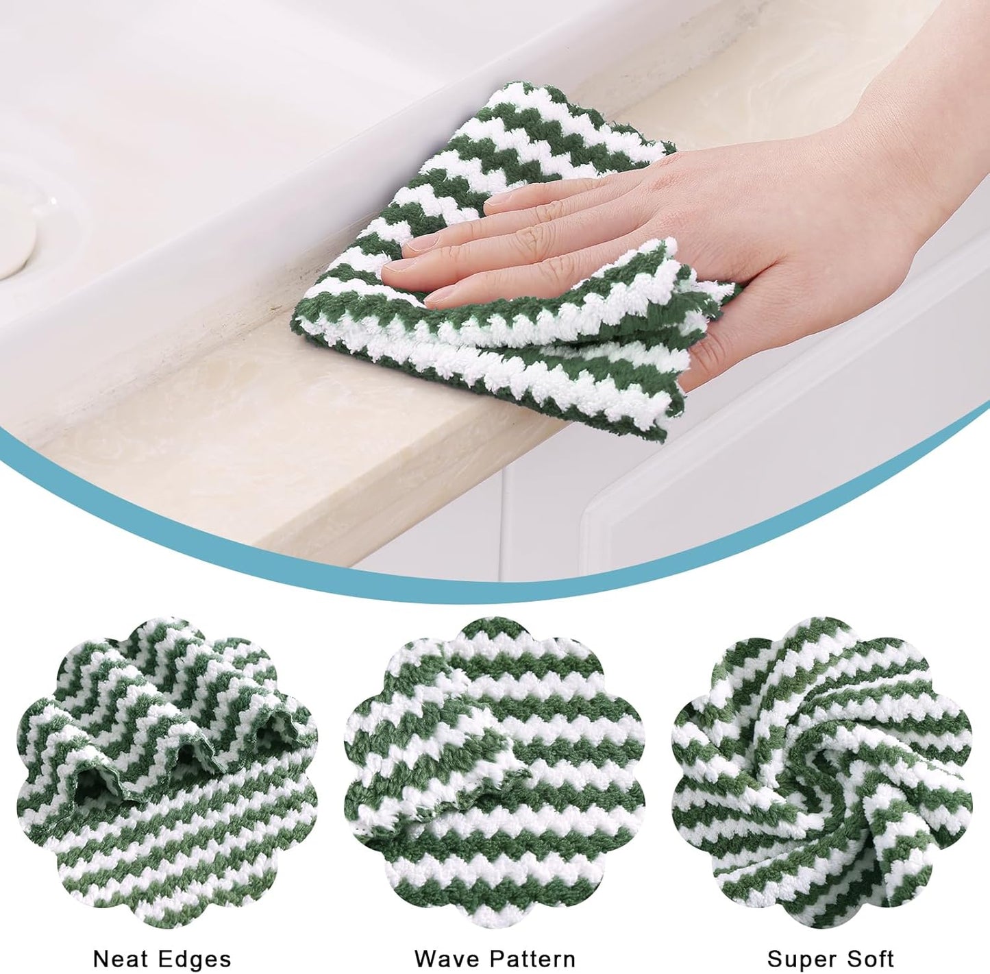 Homaxy 12 Pack Kitchen Dish Cloths, Ultra Soft and Absorbent Dish Towels, Reusable Fast Drying Microfiber Cleaning Cloth, Coral Velvet Wave Design No-lint, 10 x 10 inches, Blue/Pink/Grass Green