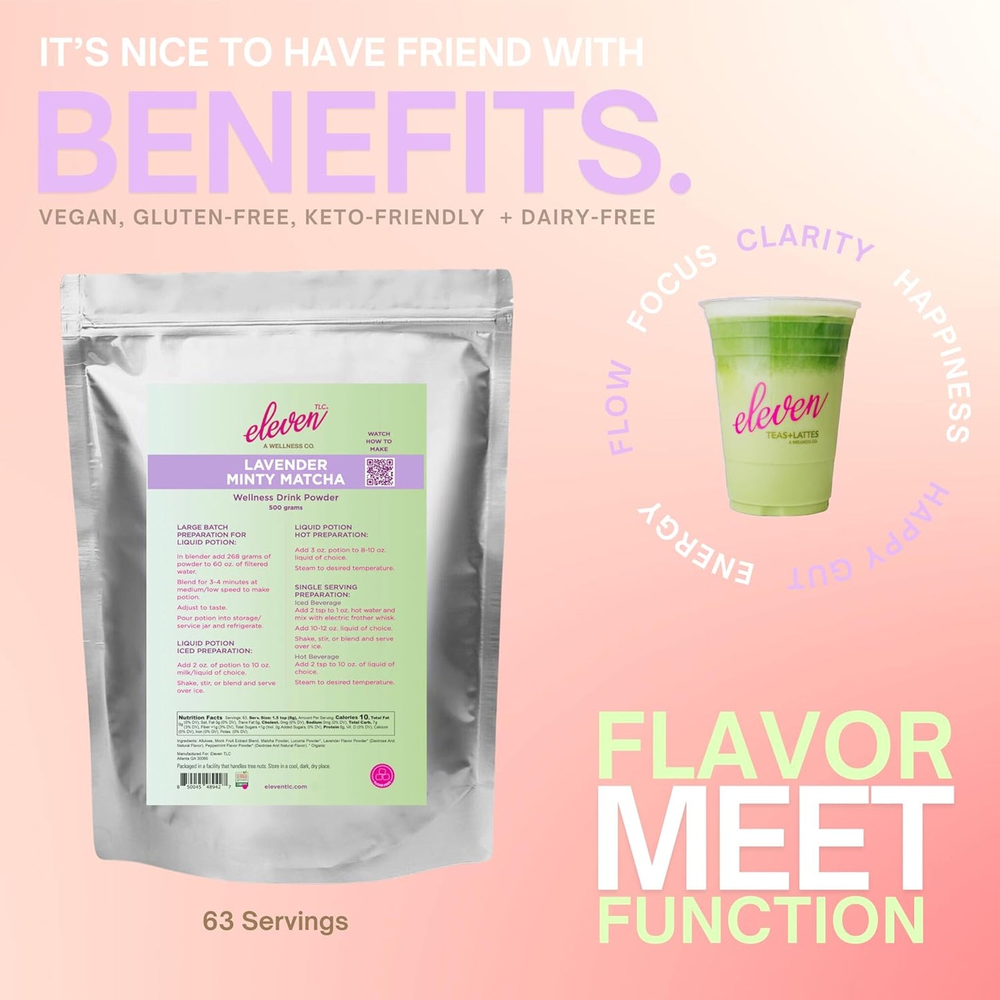 eleven TLC, Minty Lavender Japenese Matcha Powder Wellness Drink Mix, Lavender Matcha Latte Mix, Matcha Latte Powder, Calm Energy, L'theanine, Vegan, Gluten Free, Keto Friendly, 63 Servings