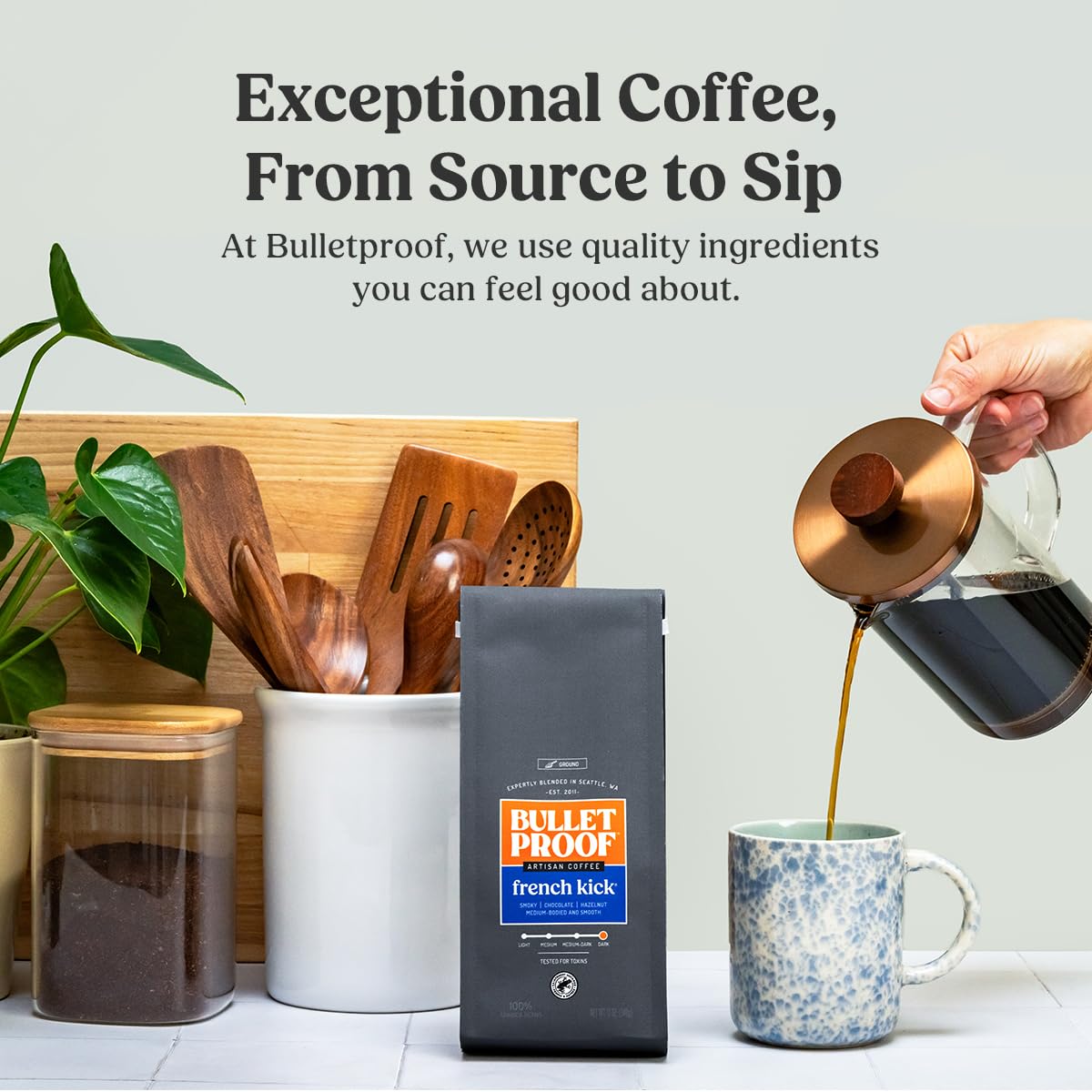 Bulletproof French Kick Dark Roast Ground Coffee, 12 Ounces, 100% Arabica Beans, Clean Coffee Tested for Toxins, Packaging May Vary