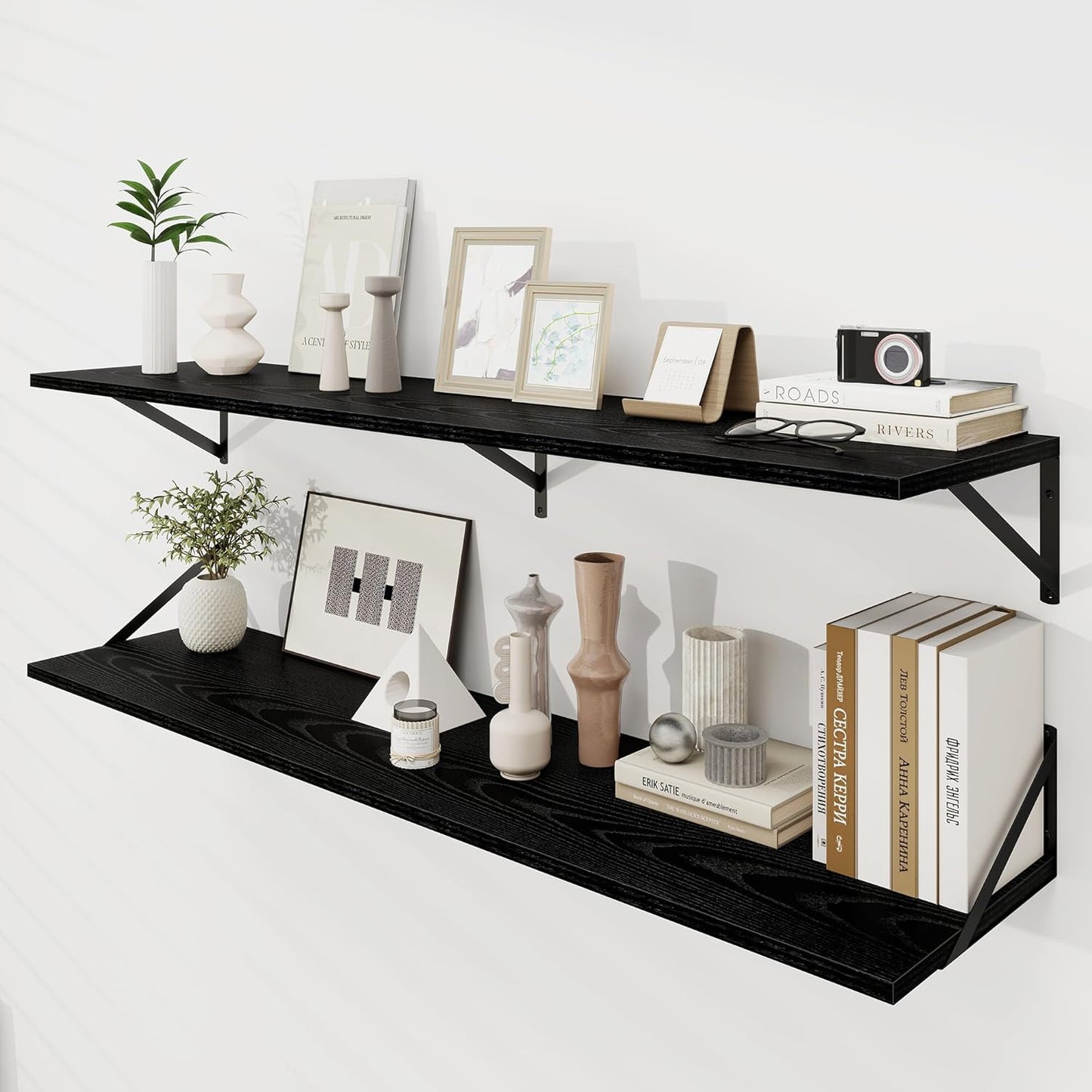 Dreamland Floating Shelves for Wall, 12 Inch Deep Floating Shelves Set of 2, 55W x 12D Large Wall Shelf with Sturdy Metal Brackets for Living Room, Bathroom, Bedroom and Kitchen, Black