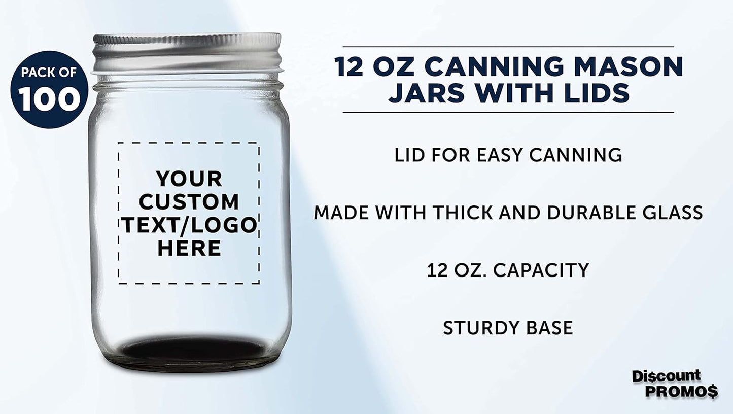 DISCOUNT PROMOS 100 Decorating Mason Jars Set, 12 oz. - Customizable Text, Logo - Canning, Aluminum Lid - Black