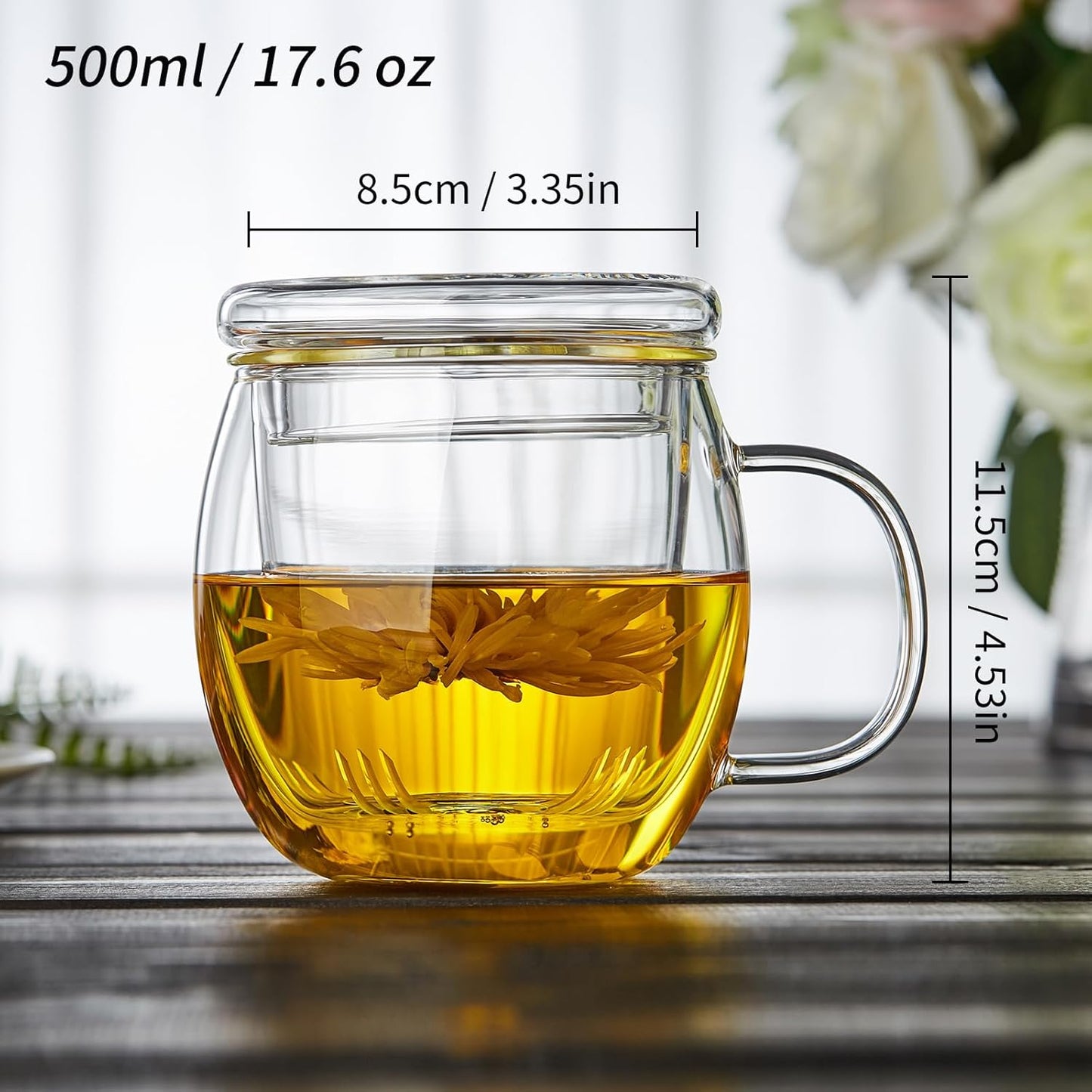 Glass Tea Cup with Infuser and Lid, 17oz/500ml Large Borosilicate Teacup, Clear Mug for Loose Leaf Tea, Blooming Tea, Tea Bags - Perfect Christmas or Birthday Gift for Women
