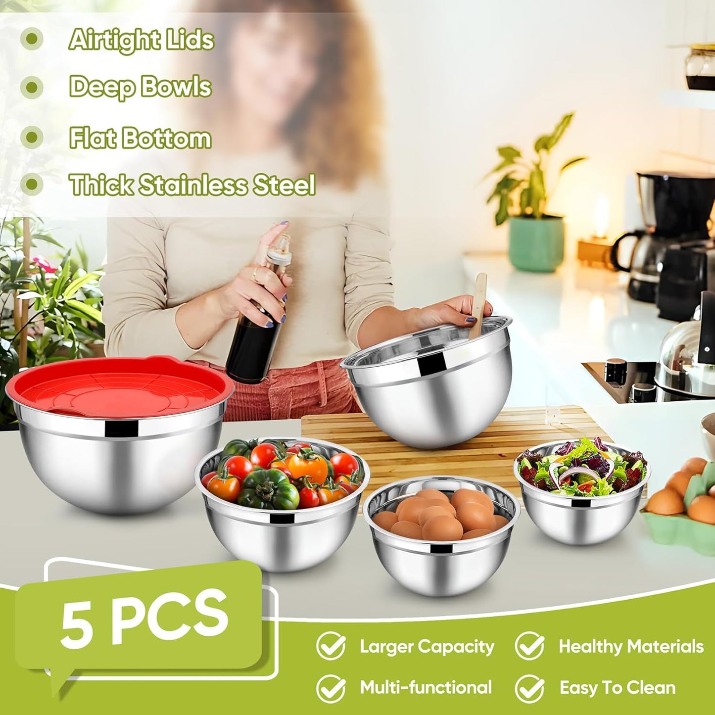 TeamFar Mixing Bowls, 4.5/3/1.5/1/0.7 QT, Stainless Steel Metal Nesting Salad Bowl with Lid Set of 5, Ideal for Prepping Serving, Healthy & Sturdy, Airtight Lid & Easy Clean, Multi-Color