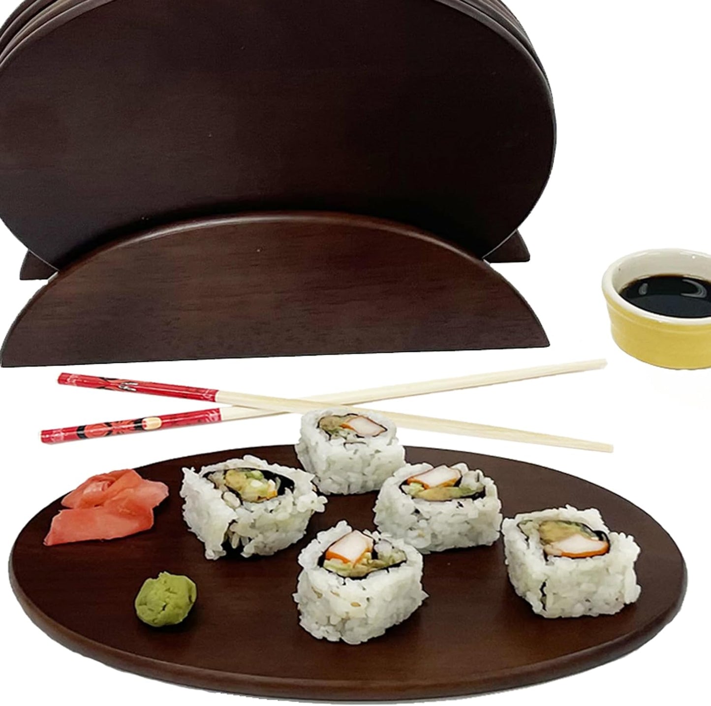 6 Walnut Stained Wood Boards with Stand, Perfect for Serving, Sushi, Cheese, Hors D'Oeuvre, Charcuterie, Sandwiches, 7 Piece Set, 9 1/2" x 6 1/2" ★★Pack of 10★★