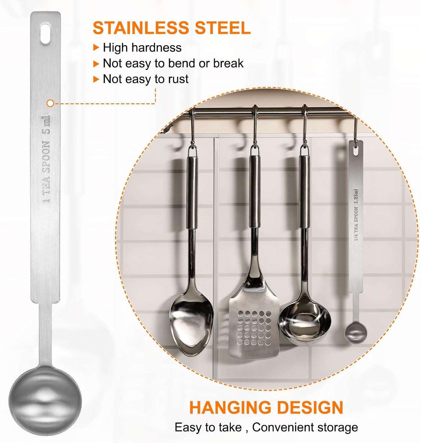 HARFINGTON Single Measuring Spoon 1tsp (1/3tbsp, 5ml) Teaspoon/Tablespoon 430 Stainless Steel Single Tiny Square Bowl Measuring Spoon Long Handle Measure Scoop