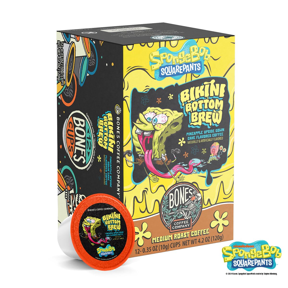 Bones Coffee Company Spongebob Bikini Bottom Brew, Pineapple Upside Down Cake Flavored Coffee Pods, Low Acid Medium Roast Single-Serve Bones Cups, For 1.0 & 2.0 Capsule Brewers Coffee Maker, 12 Count