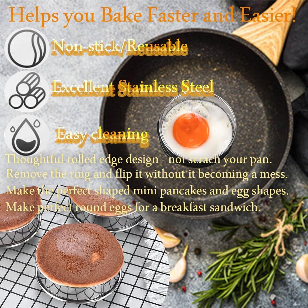 16packs English Muffin Rings Crumpet Rings 4 Inch Stainless Steel Double Rolled Tart Ring Nonstick Metal Round 4'' Ring Molds for Baking Cookies, Pancakesg
