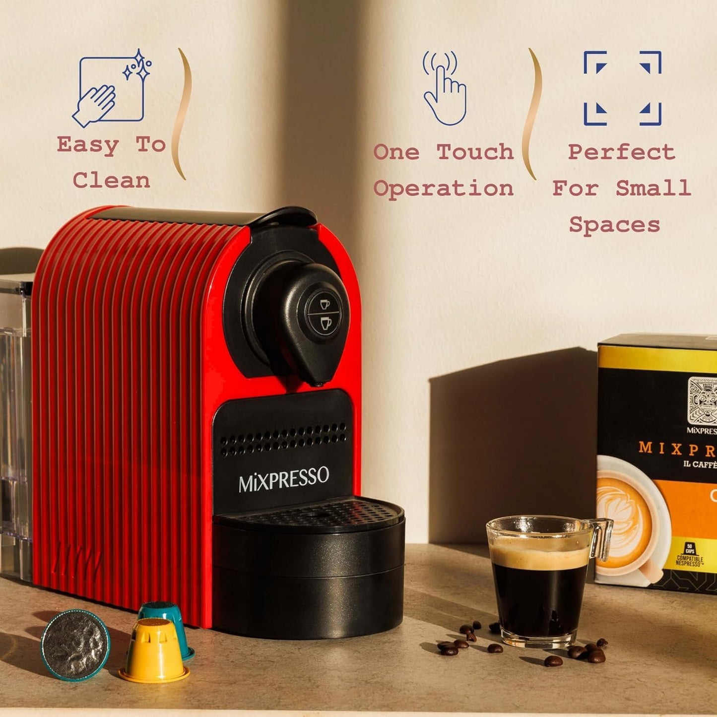 Mixpresso Red Espresso Coffee Machine – Compact 1400W Single Serve Coffee Maker Compatible with Nespresso OriginalLine Capsules, One-Touch Operation, 19-Bar Italian Pump, 27oz Water Tank