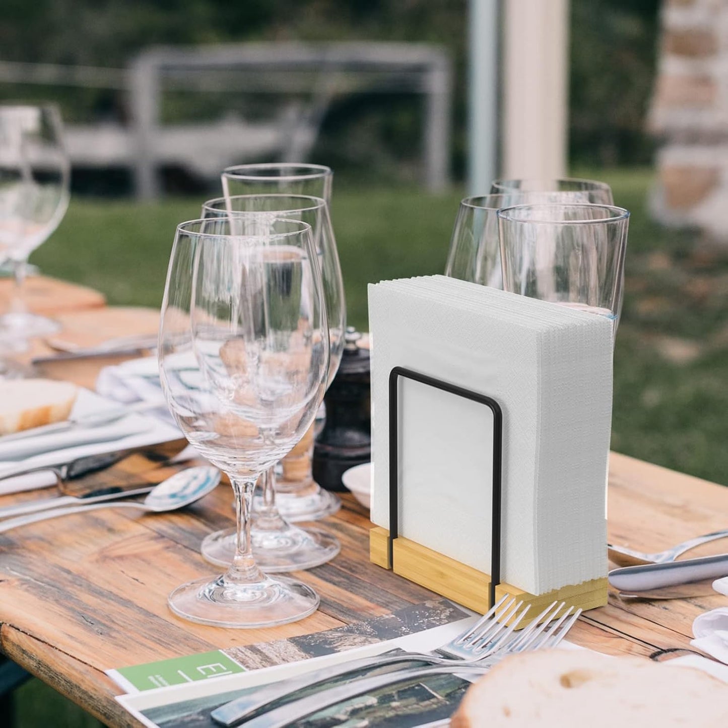 Napkin Holder for Table, Bamboo Iron Standing Napkin Dispenser for Kitchen Dining Table Farmhouse Cocktail Picnic Rustic Wood Holders for Mail Bills Suitable for All Dining Room Decors Black & Yellow