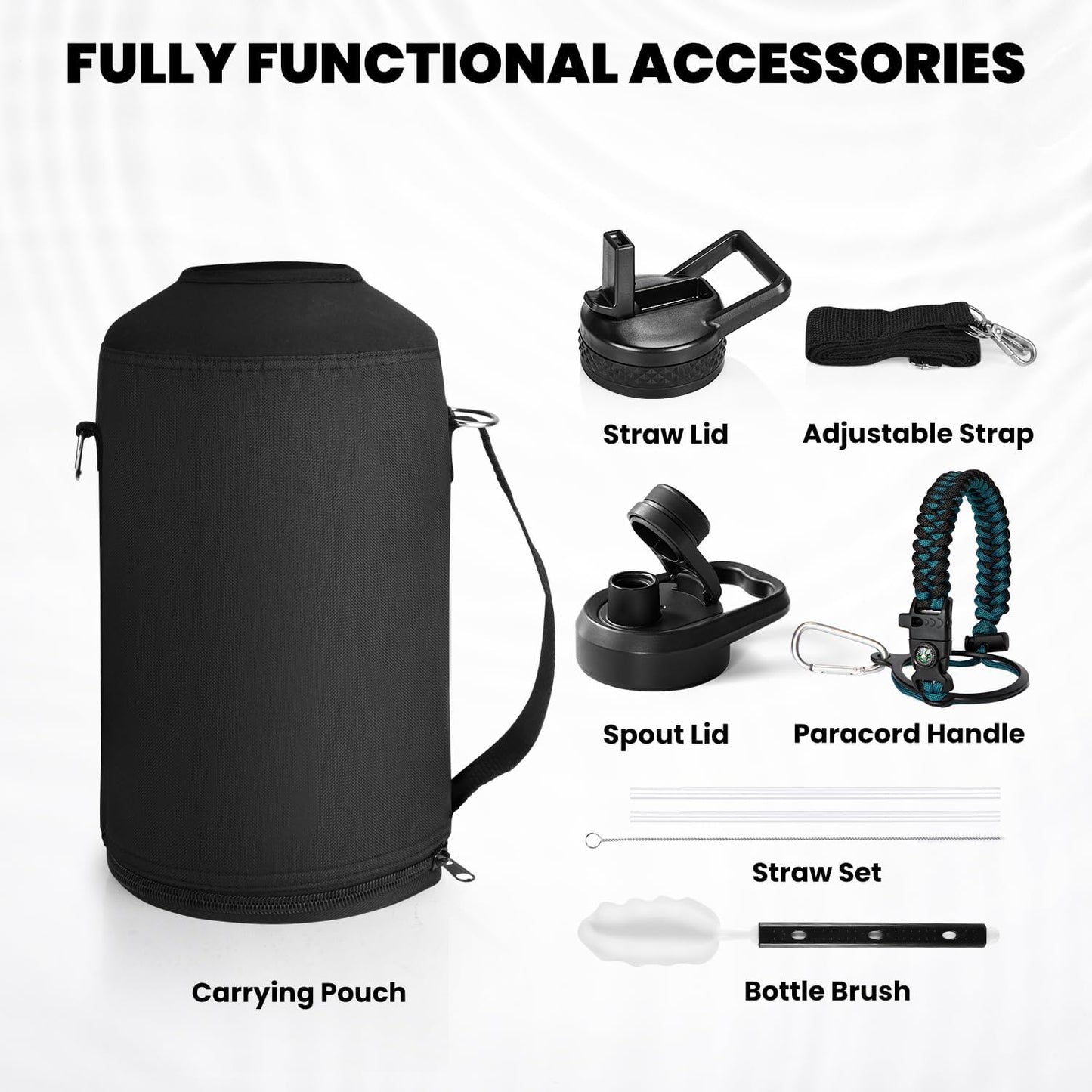 One Gallon Water Bottle Insulated, Triple Walled Vacuum Stainless Steel (Cold for 48 Hrs), Leak Proof & Non-BPA, Large Water Flask Jug with Paracord Handle & Straw Spout Lids