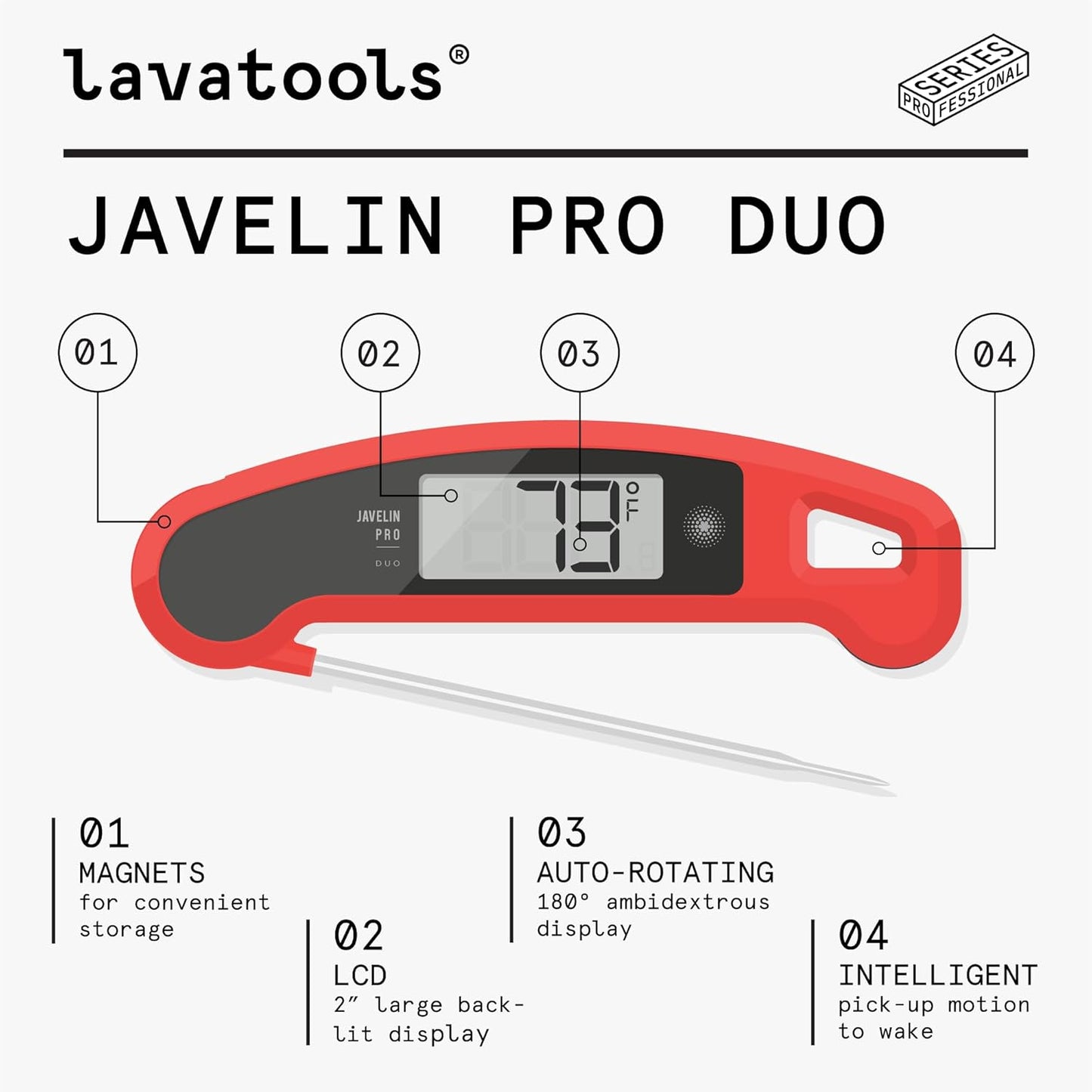 Lavatools Javelin® PRO Duo Ultra-Fast 2-Second Professional Digital Instant Read Meat Thermometer for Grill and Cooking, Auto-Rotating Backlit Display, IP65 Water Resistant, NSF Certified – Wasabi