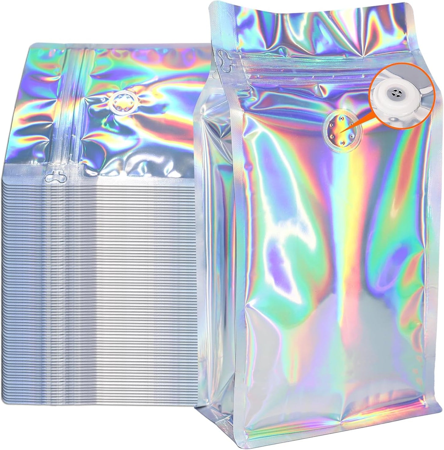 Coffee Bags with Valve (50 PCS,32oz/2lb) Holographic High Barrier Aluminum Foil Flat Bottom Standing Coffee Beans Storage Packaging Bags, Reusable Heat Seal Side Zipper Pouches for Small Business
