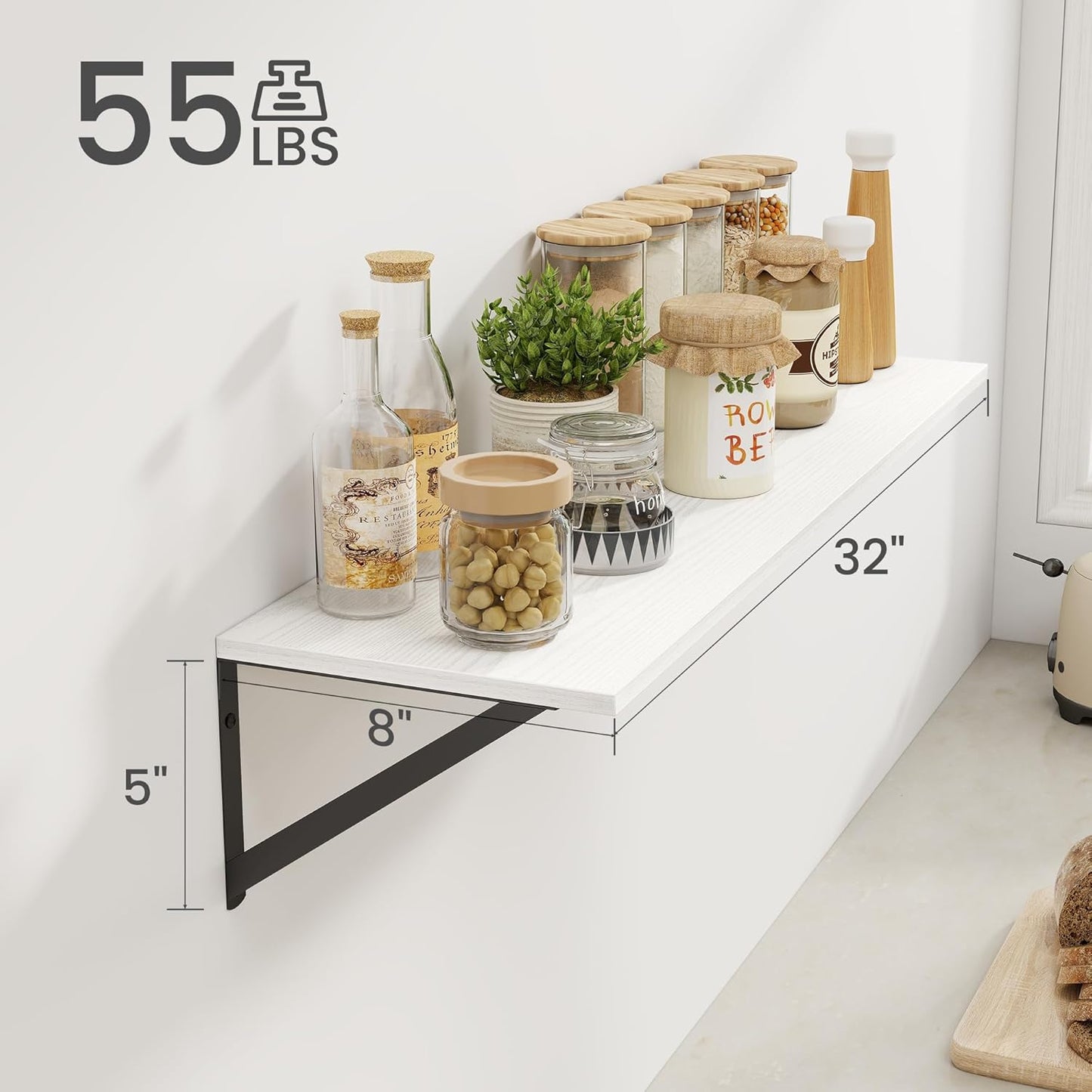 Heimlove White Deep Floating Shelves for Wall, 32W x 8D Wood Wall Shelves Set of 2, Wide Floating Bookshelf for Living Room, Kitchen, Office, Bedroom and Decor Storage, with Black Bracket - White