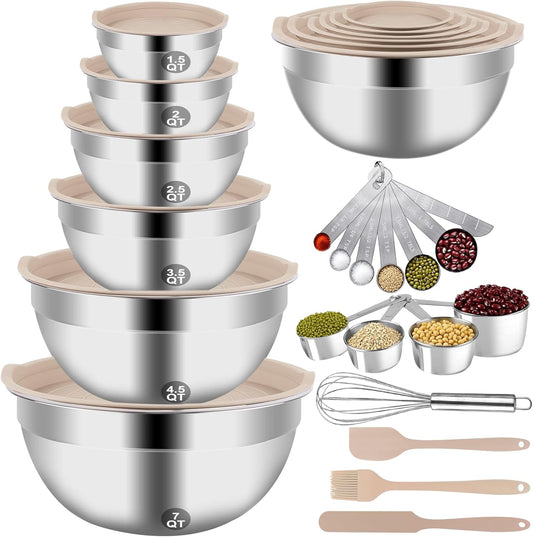Mixing Bowls Set, 27PCS Khaki Mixing Bowls With Lids Set Stainless Steel Kitchen Large Nesting Metal Bowl 7QT to 1.5QT, Measuring Cups and Spoons for Prepping Cooking Serving