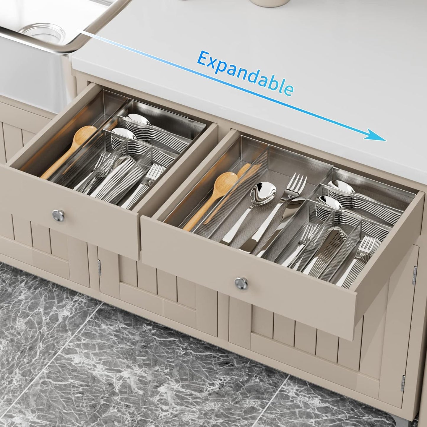 JANE EYRE Utensil Drawer Organizer - Expandable Cutlery Tray, Silverware/Flatware Storage Divider for Kitchen, Mesh Designing with Non-slip Rubber Feet (Silver)